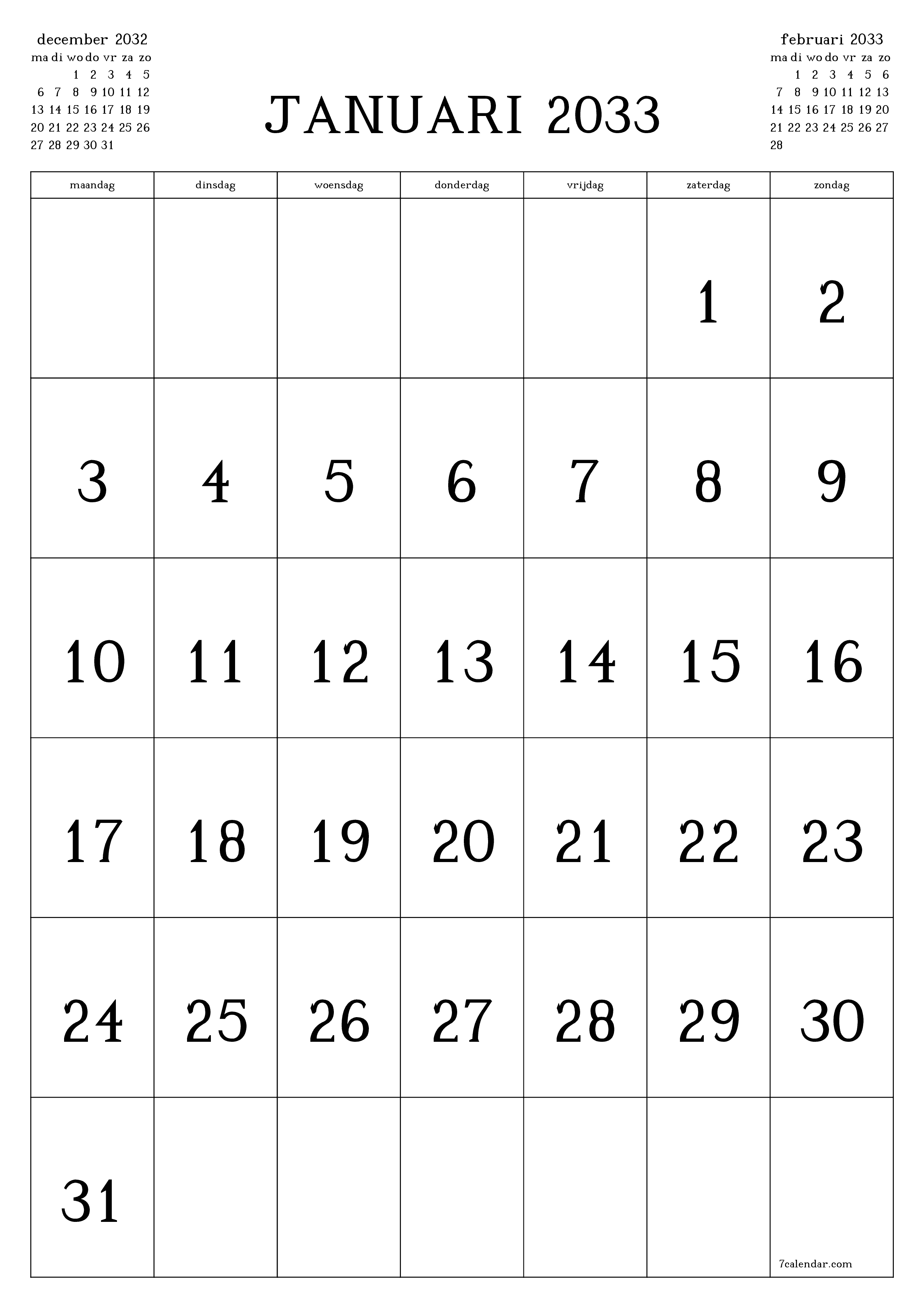 afdrukbare muur sjabloon gratis verticaal Maandelijks kalender januari (jan) 2033