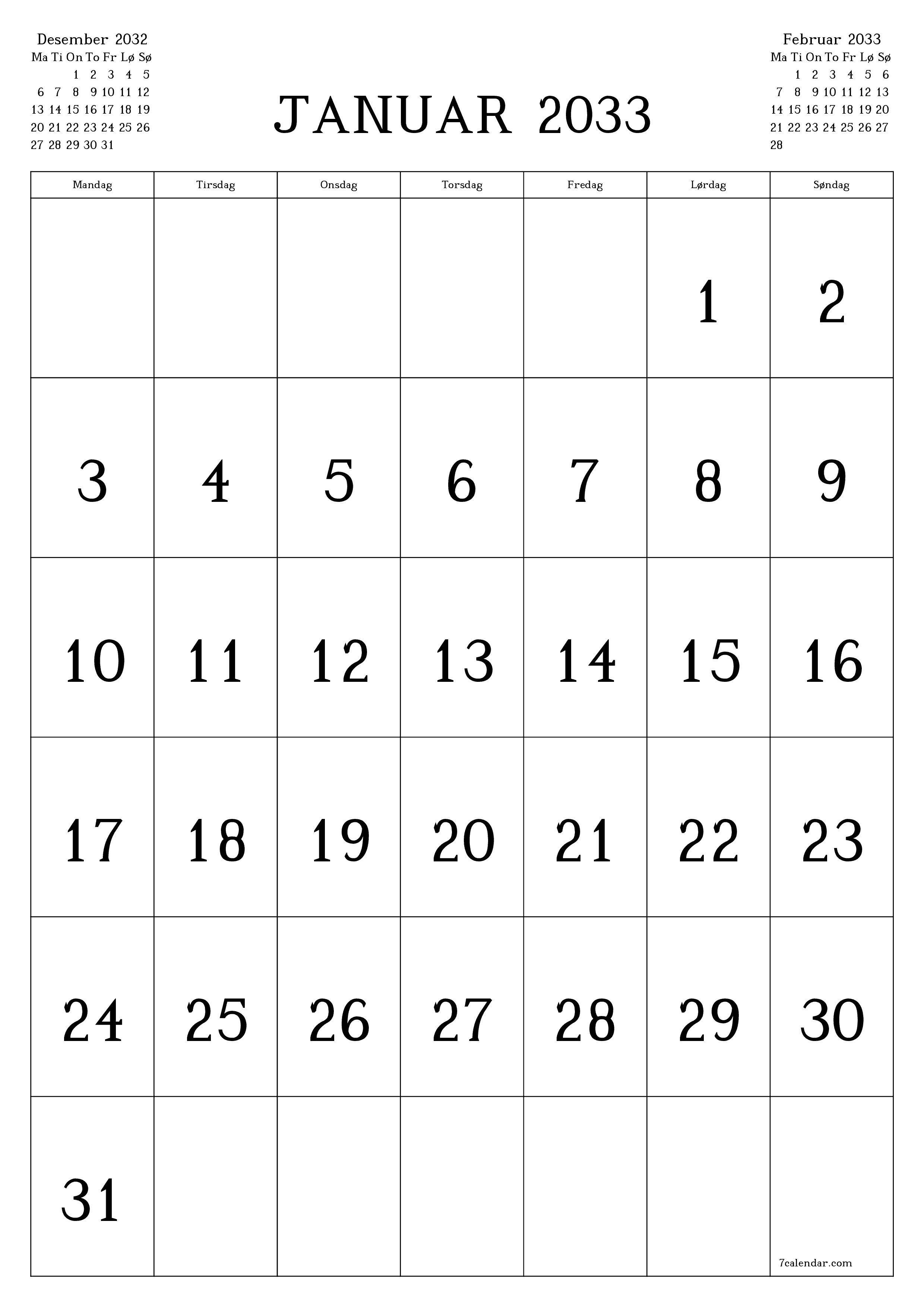 utskrivbar vegg mal gratis vertikal Månedlig kalender Januar (Jan) 2033