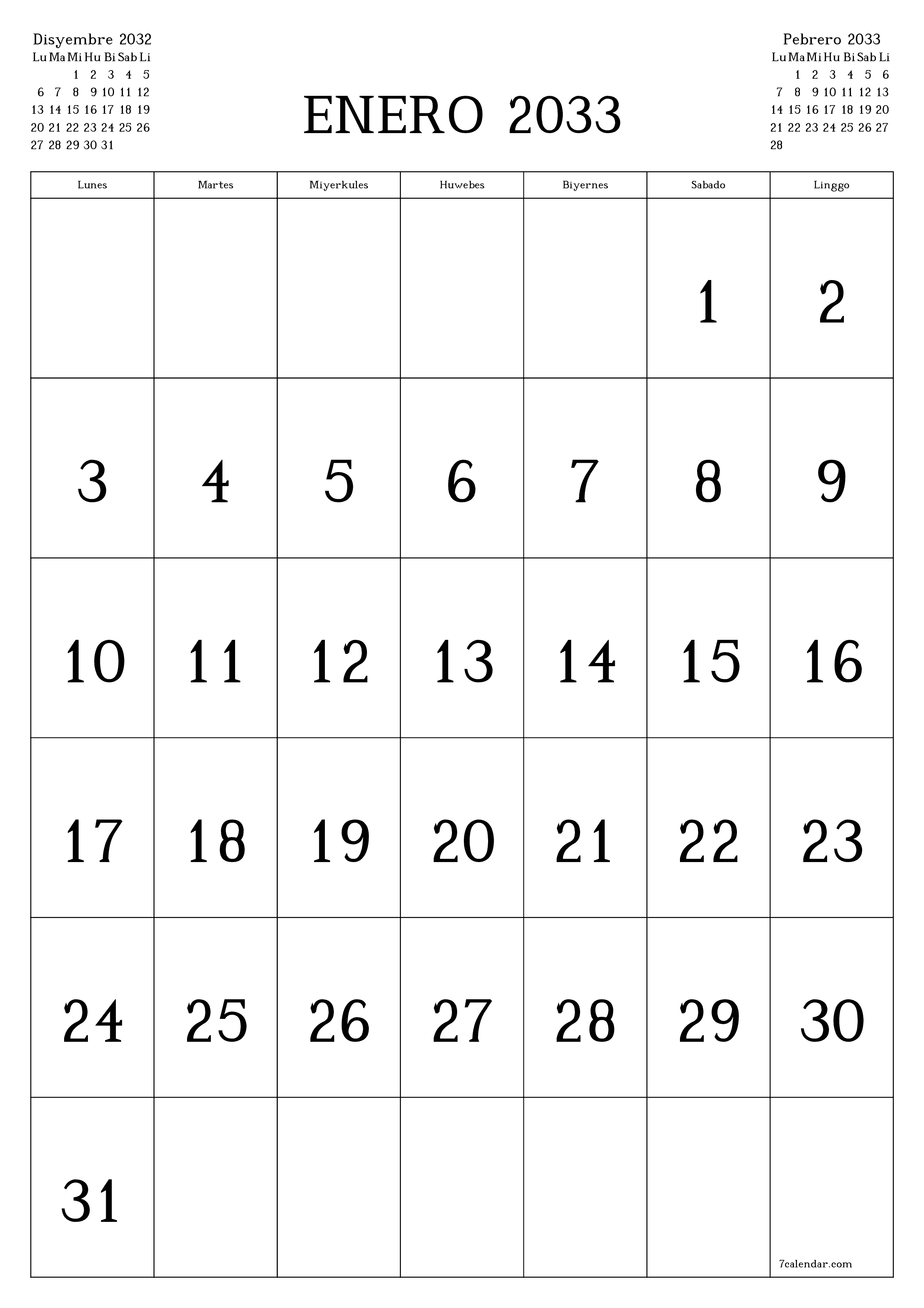 napi-print na sa dingding template ng libreng patayo Buwanang kalendaryo Enero (Ene) 2033