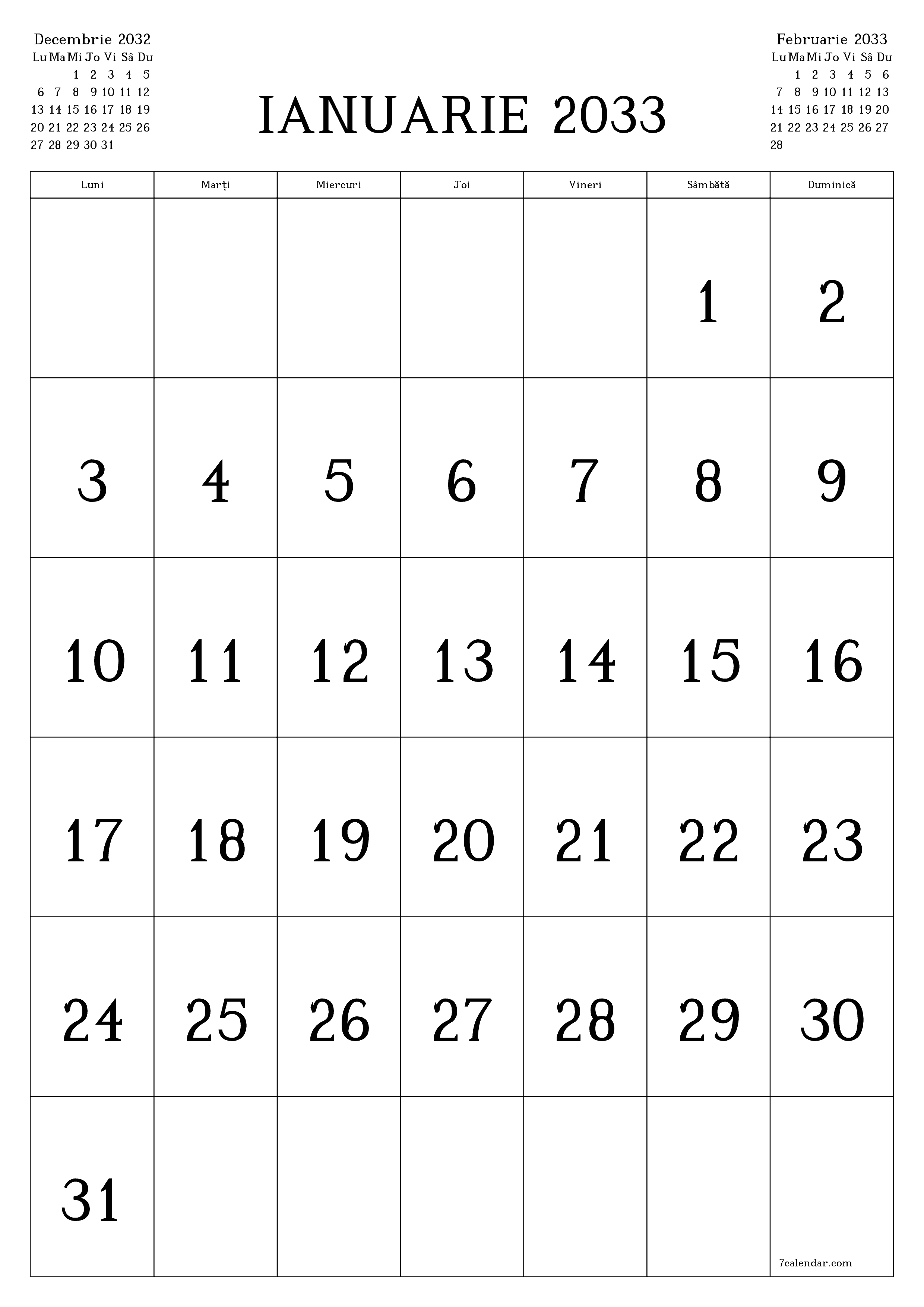  imprimabil de perete șablon de gratuitvertical Lunar calendar Ianuarie (Ian) 2033