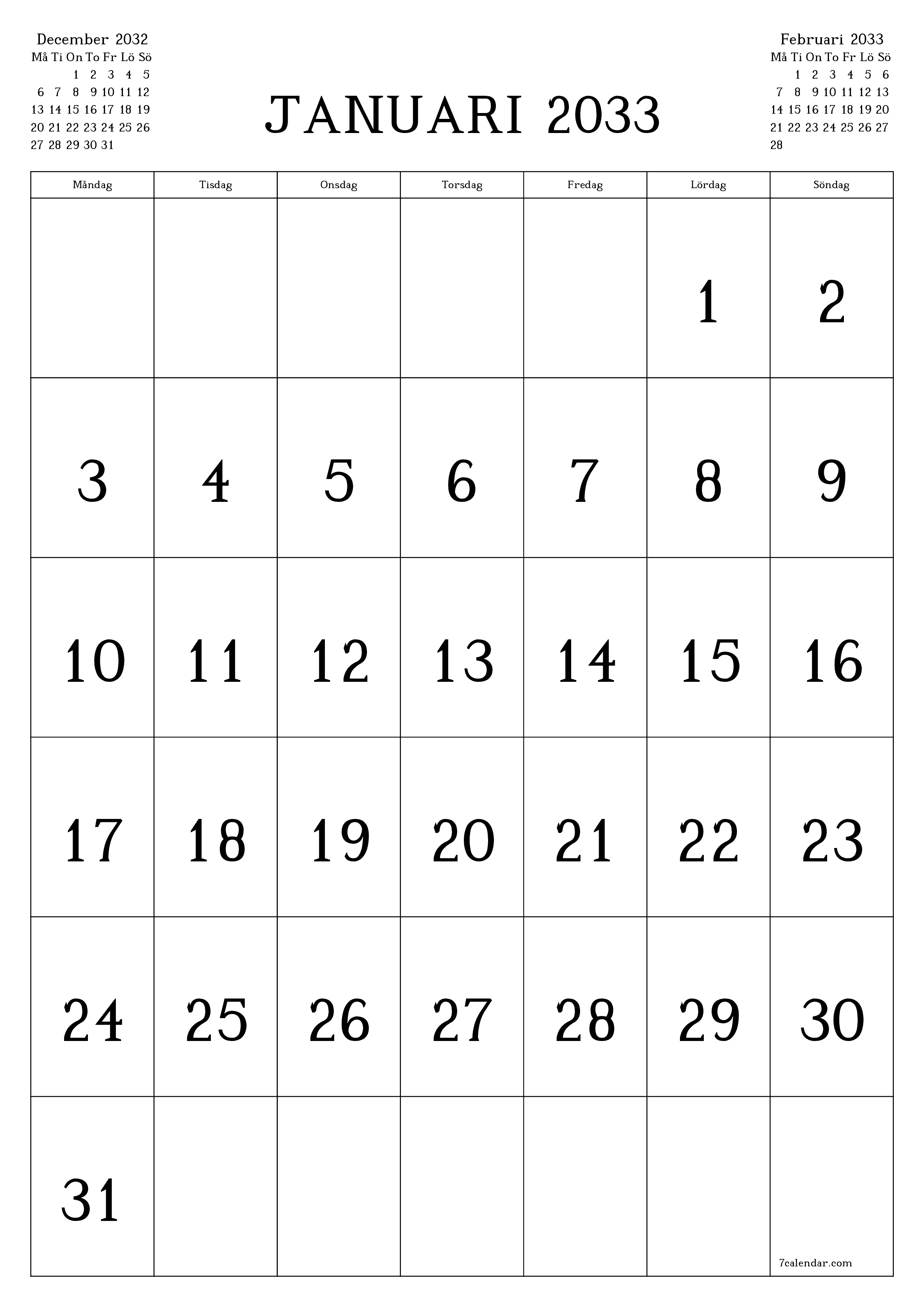 utskrivbar vägg mall gratis vertikal Månatlig kalender Januari (Jan) 2033