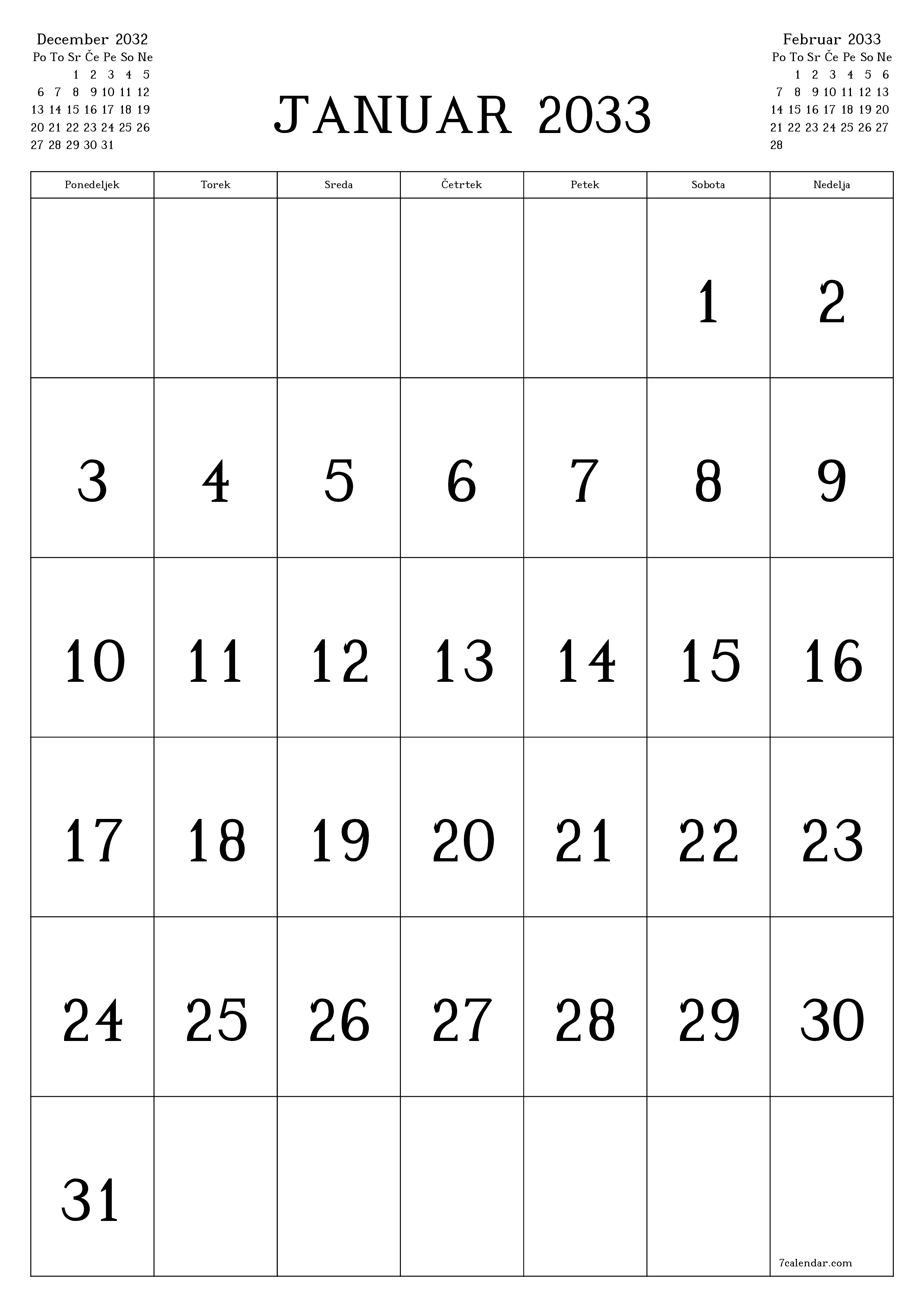 natisljiv stenski ska predloga brezplačni vertical Mesečno koledar Januar (Jan) 2033