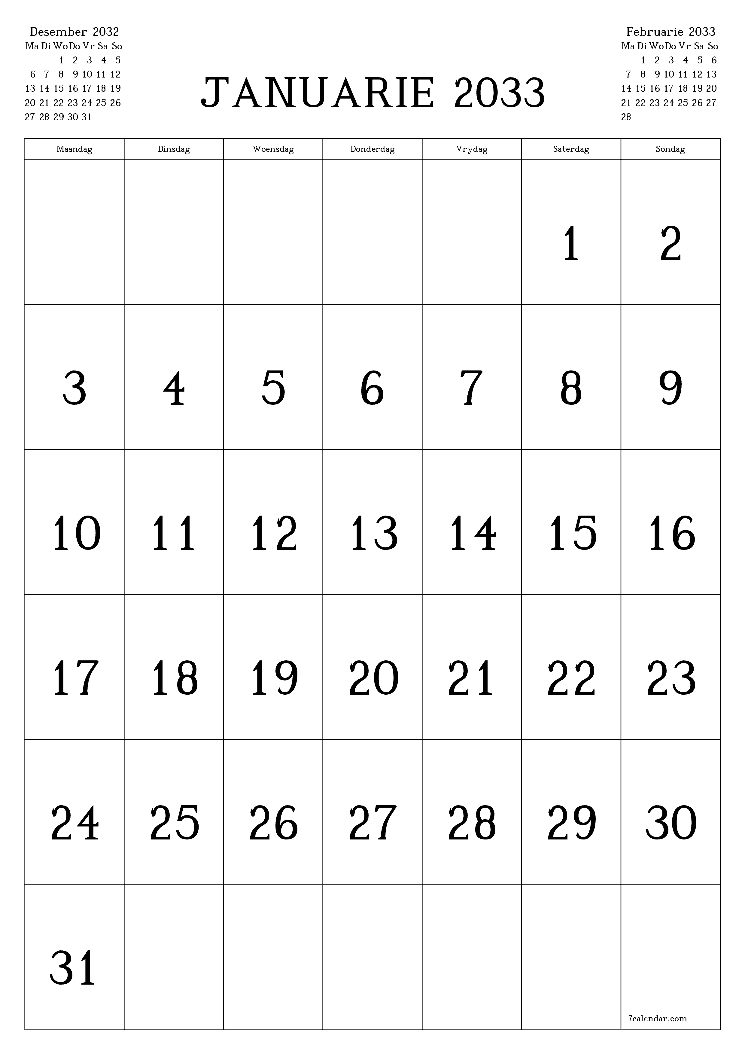 drukbare muur template gratis vertikaal Maandeliks kalender Januarie (Jan) 2033
