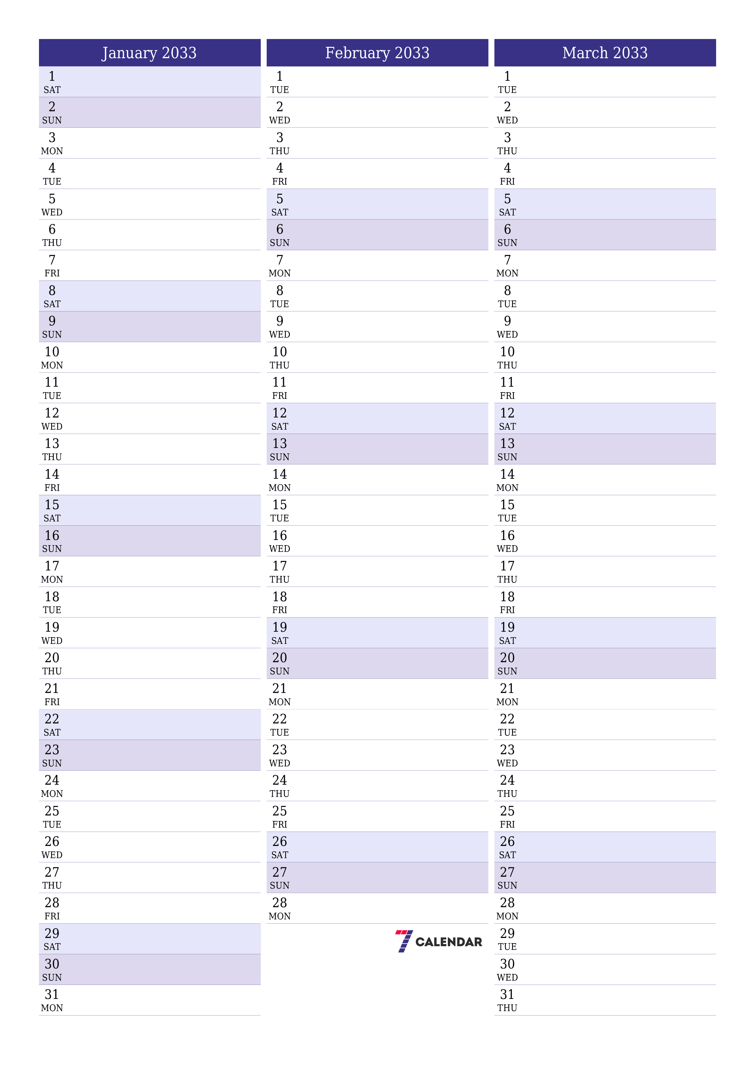 Blank calendar January 2033