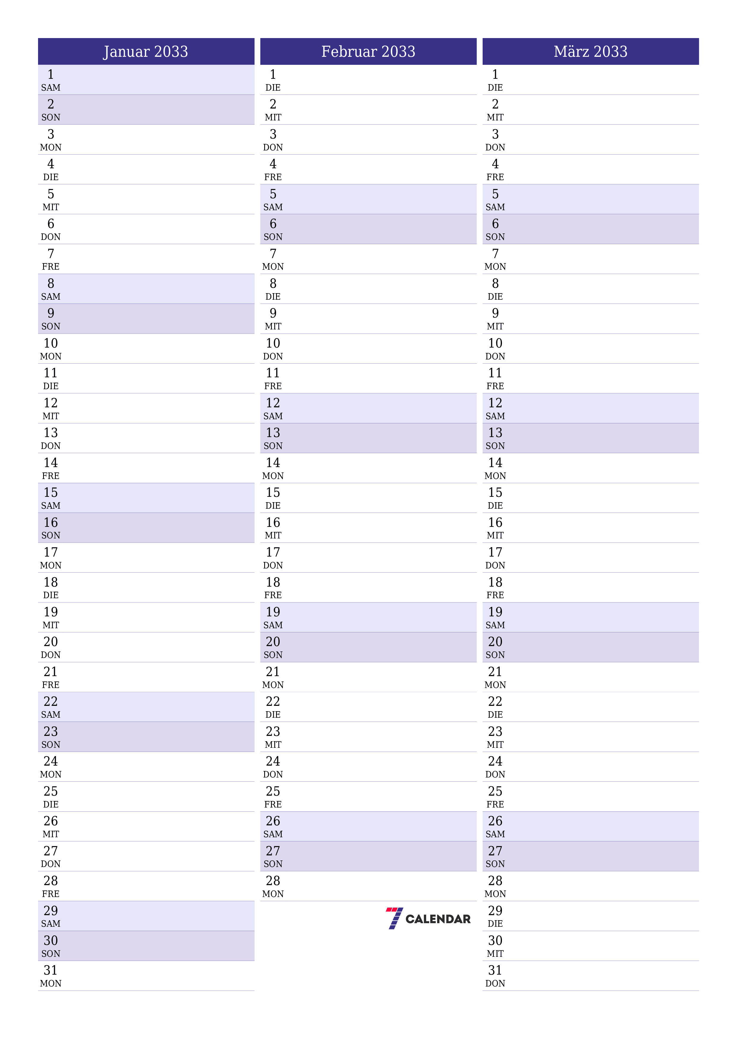  zum Ausdrucken Wandkalender vorlage kostenloser vertikal Monatlich Planer Kalender Januar (Jan) 2033