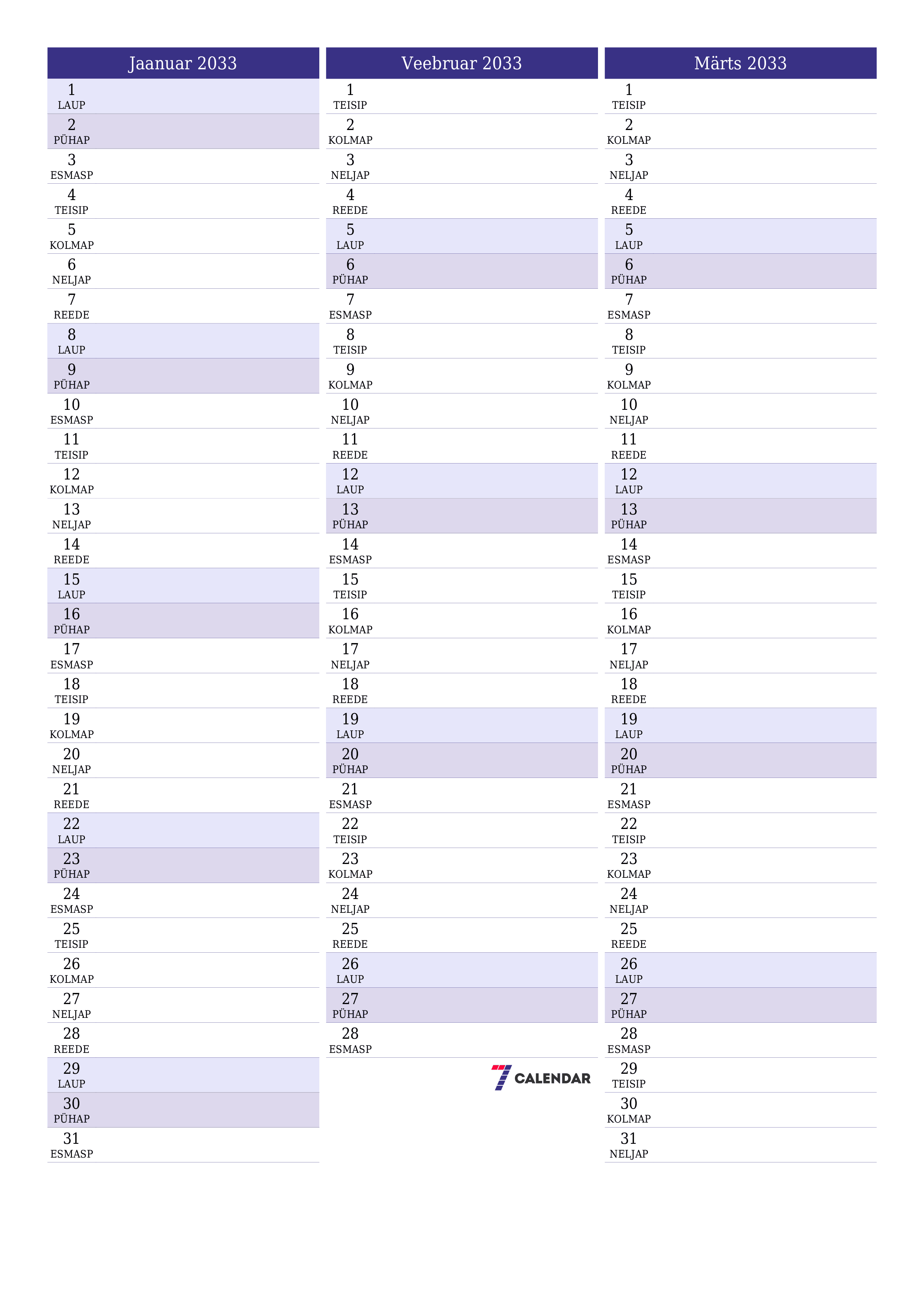 prinditav seina kalendri mall tasuta vertikaalne Igakuine planeerija kalender Jaanuar (Jaan) 2033