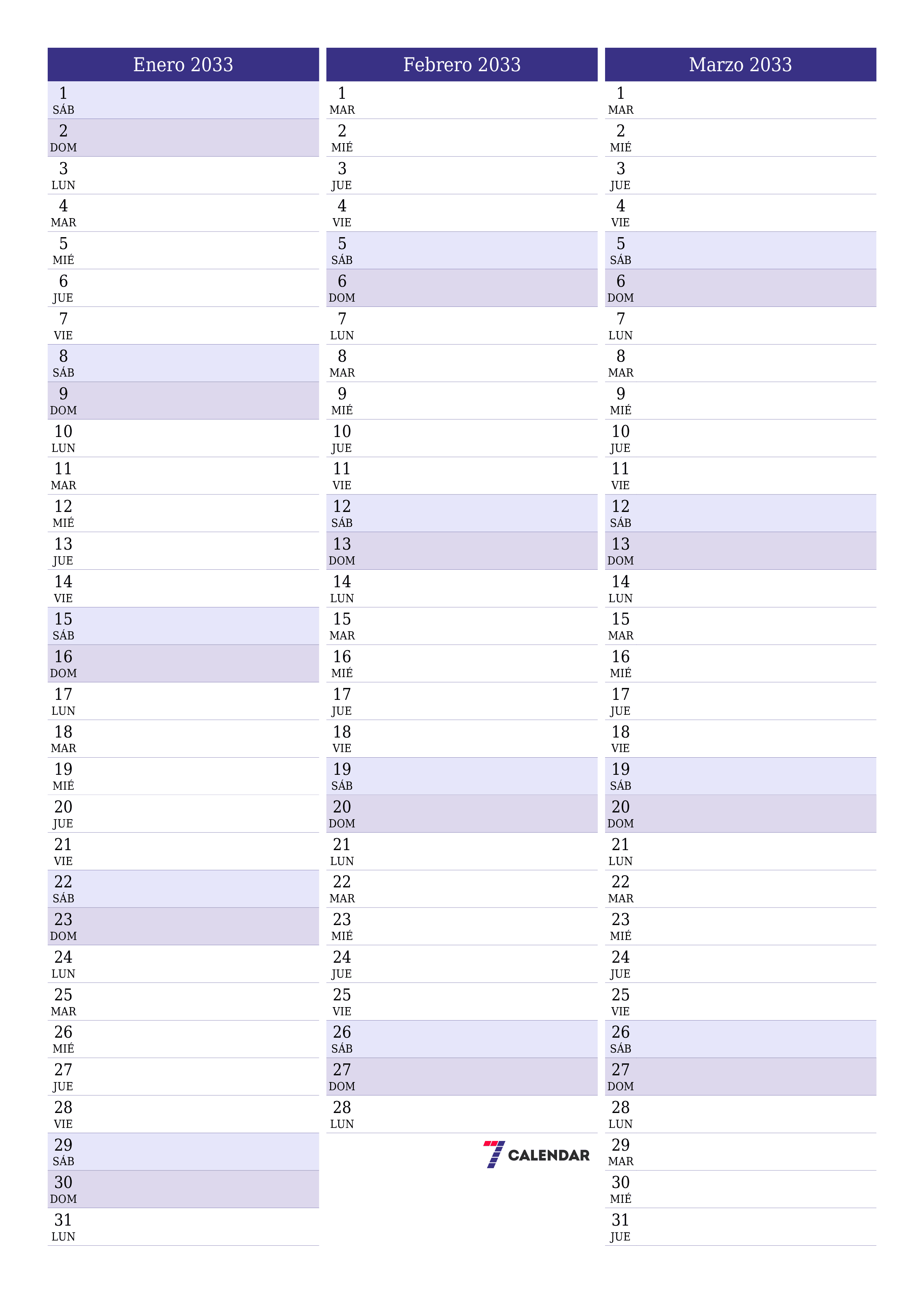  imprimible de pared plantilla de gratisvertical Mensual planificador calendario Enero (Ene) 2033