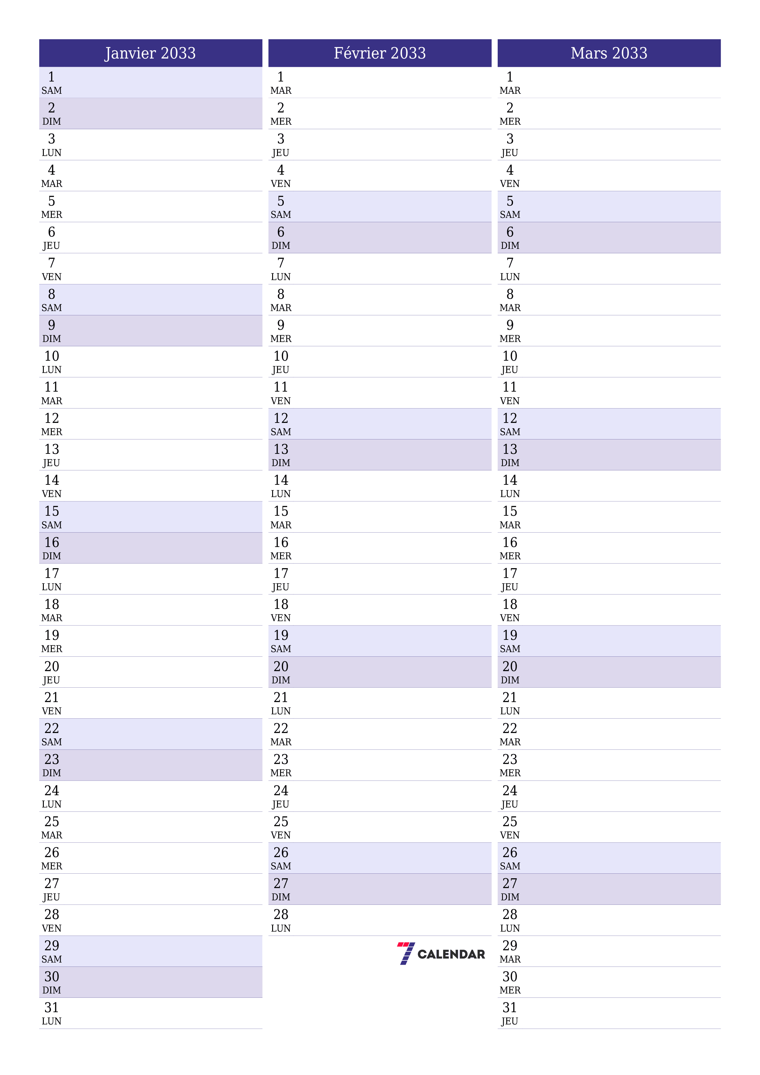  imprimable mural modèle de gratuitverticale Mensuel planificateur calendrier Janvier (Jan) 2033