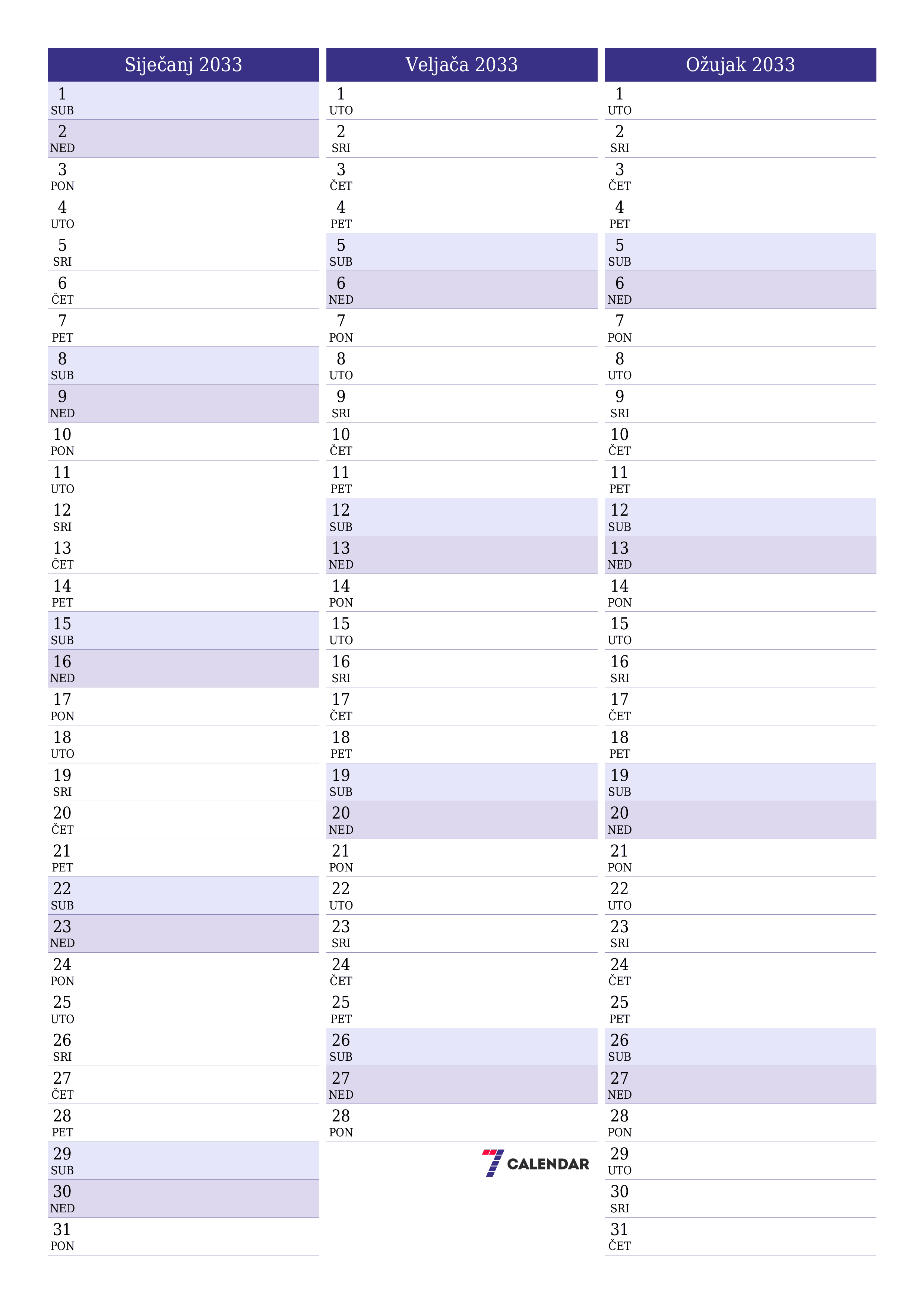  za ispis zidni predložak a besplatni okomito Mjesečni planer kalendar Siječanj (Sij) 2033