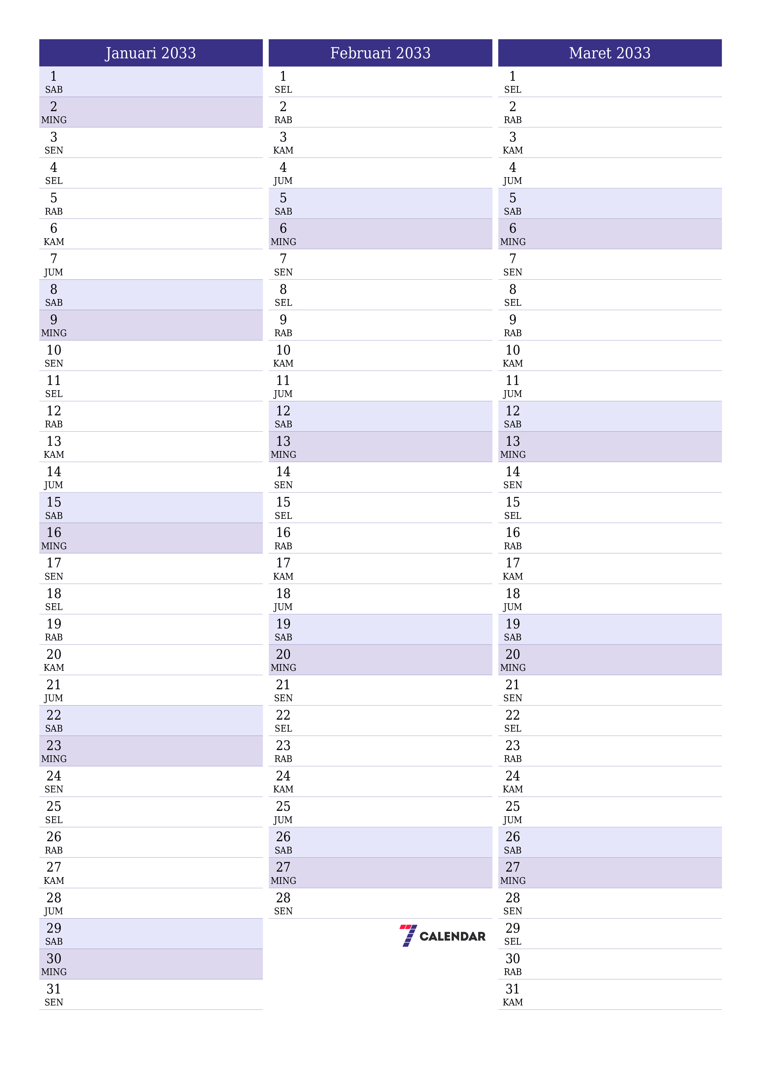  yang dapat dicetak dinding templat gratisvertikal Bulanan perencana kalender Januari (Jan) 2033