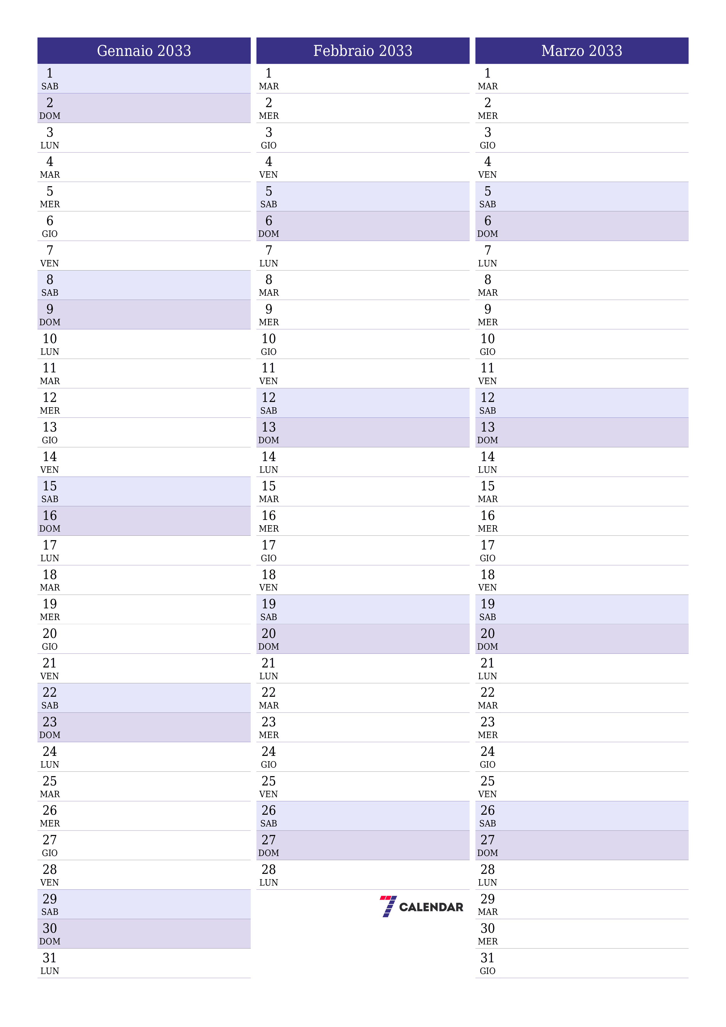  stampabile da parete modello di gratuitoverticale Mensile pianificatore calendario Gennaio (Gen) 2033