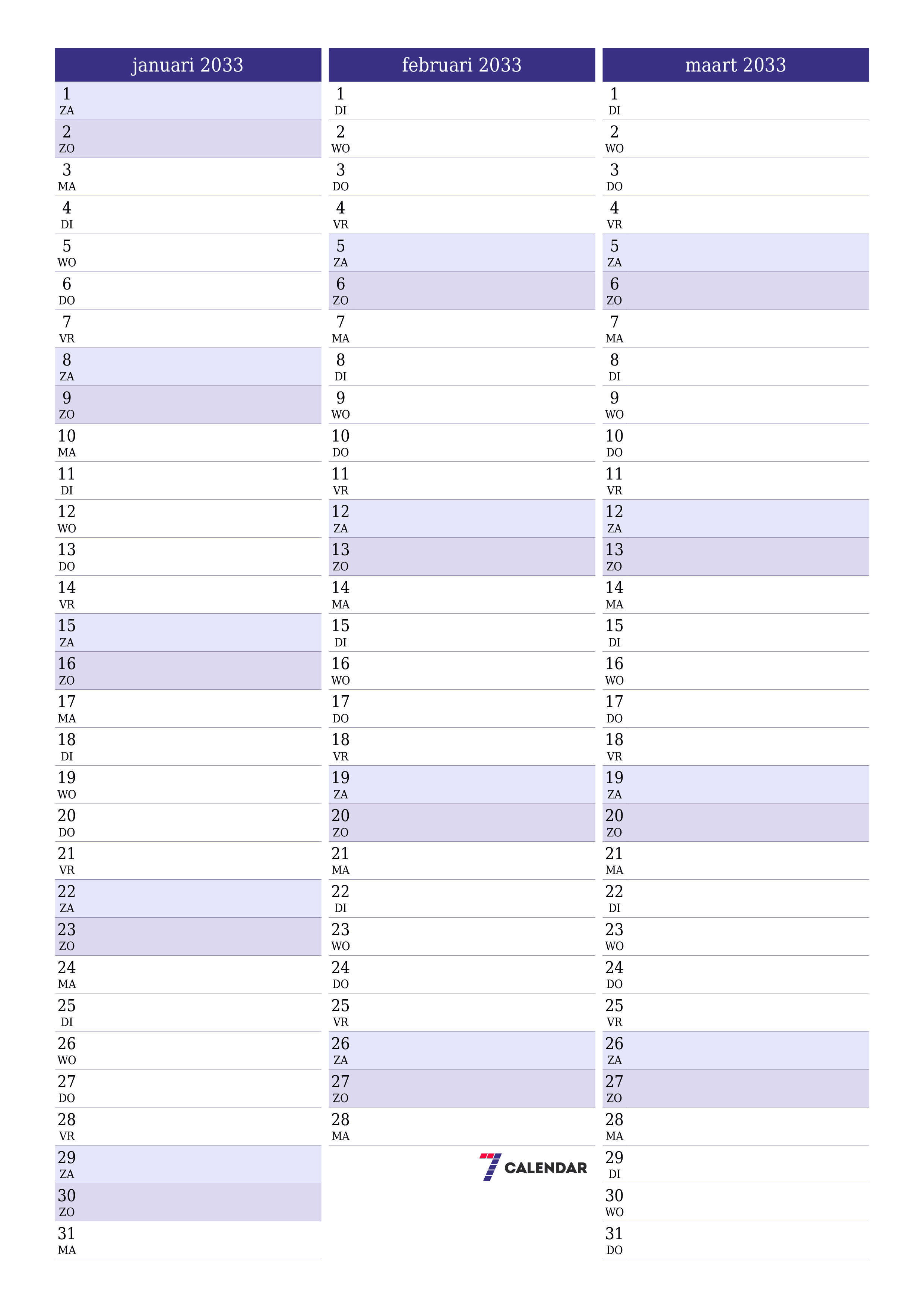 afdrukbare muur sjabloon gratis verticaal Maandelijks planner kalender januari (jan) 2033