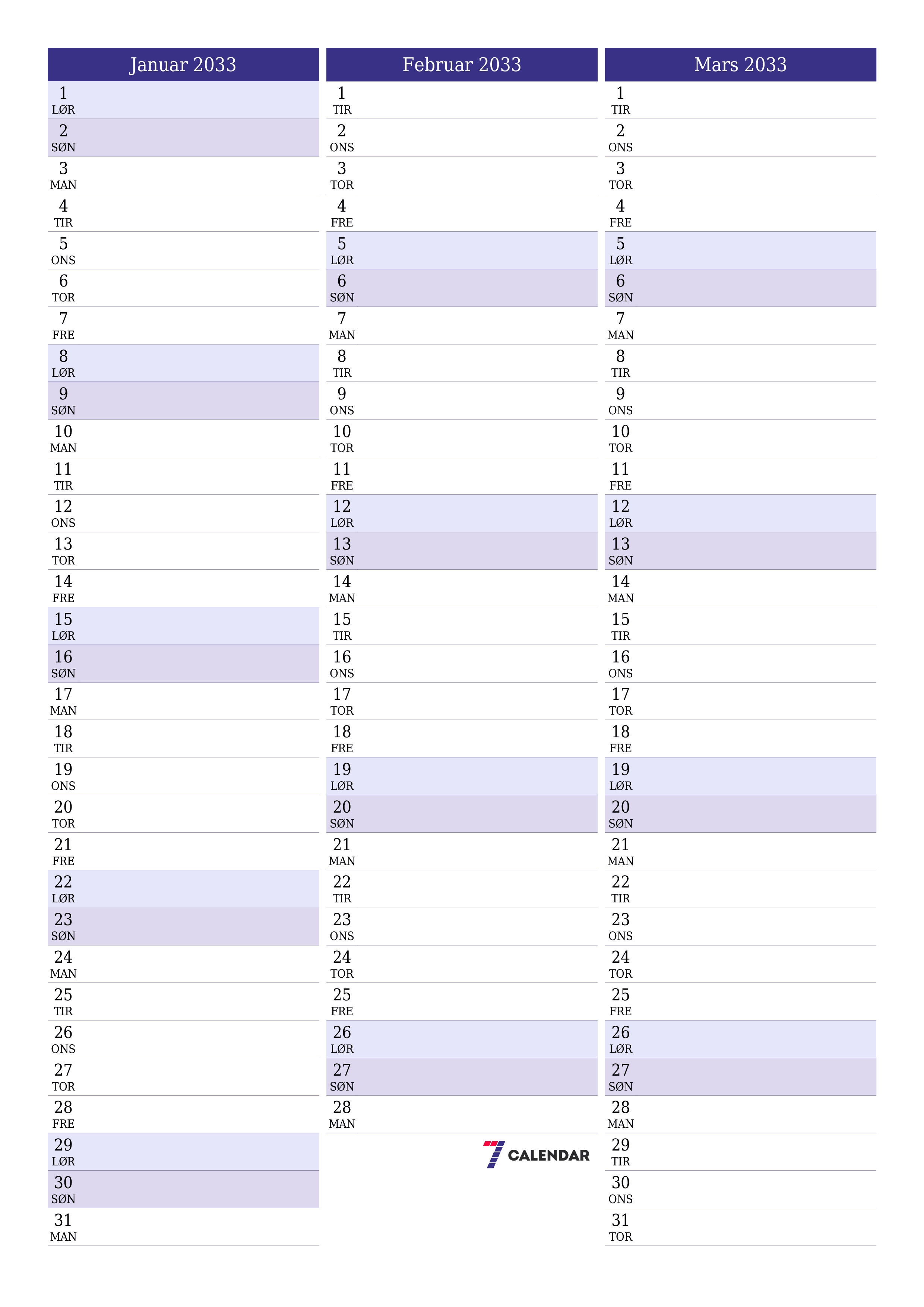 utskrivbar vegg mal gratis vertikal Månedlig planlegger kalender Januar (Jan) 2033