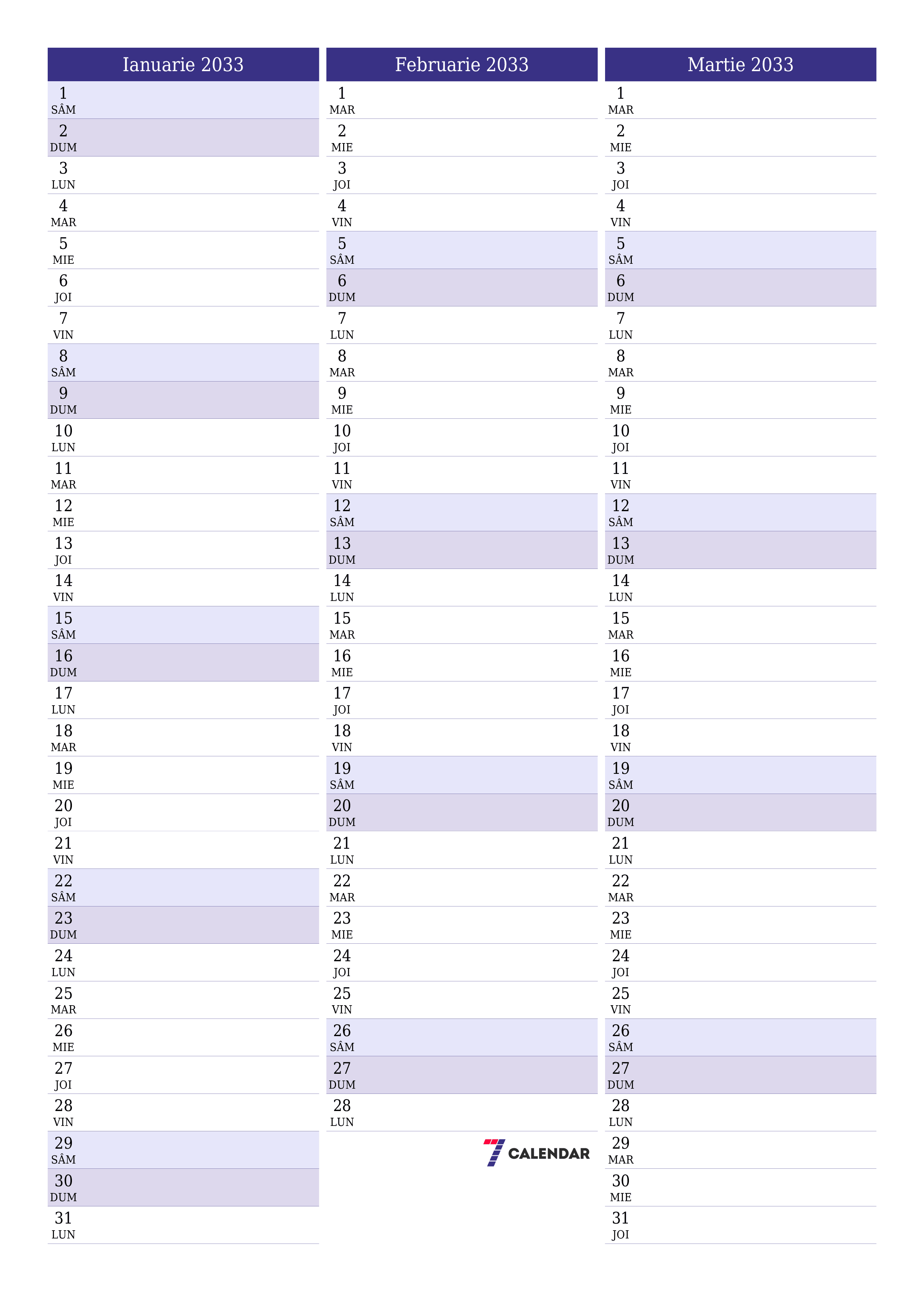  imprimabil de perete șablon de gratuitvertical Lunar planificator calendar Ianuarie (Ian) 2033