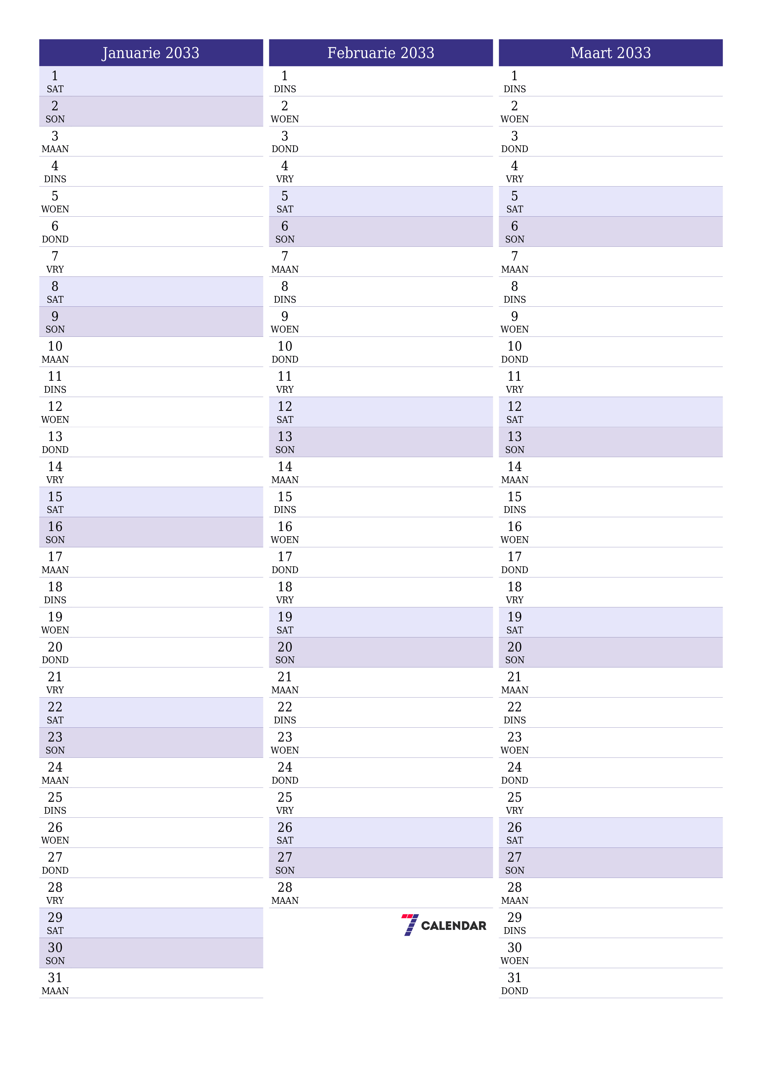 drukbare muur template gratis vertikaal Maandeliks beplanner kalender Januarie (Jan) 2033