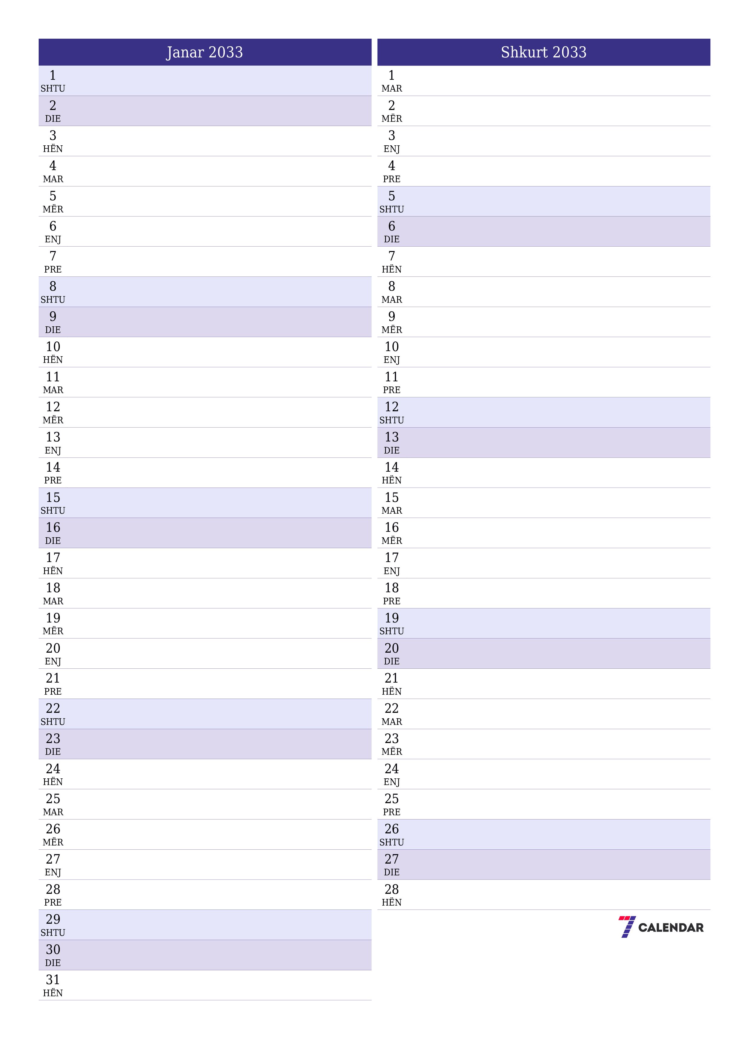 Planifikuesi i zbrazët i kalendarit mujor për muajin Janar 2033 me shënime të ruajtura dhe të printuara në PDF PNG Albanian