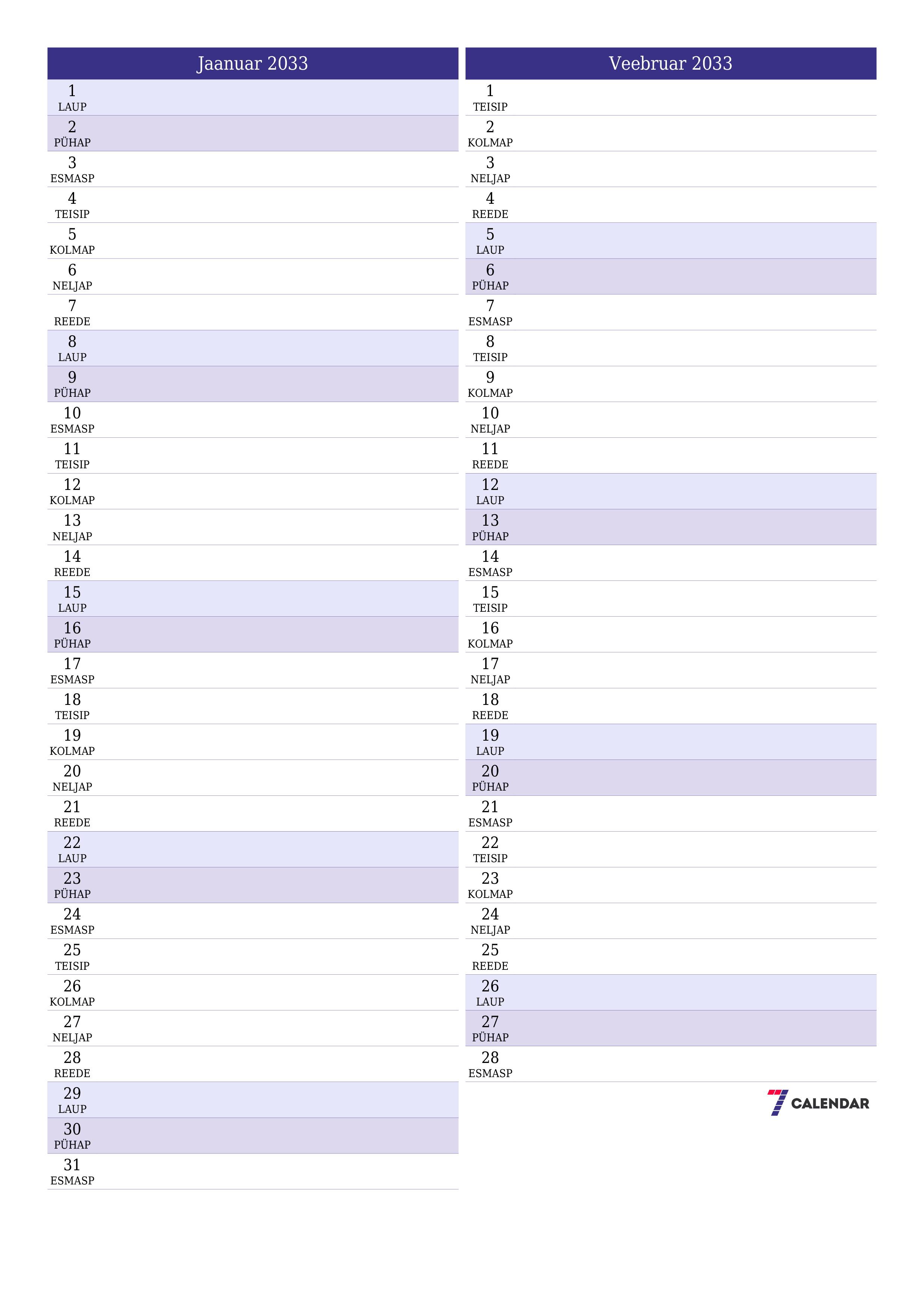 prinditav seina kalendri mall tasuta vertikaalne Igakuine planeerija kalender Jaanuar (Jaan) 2033