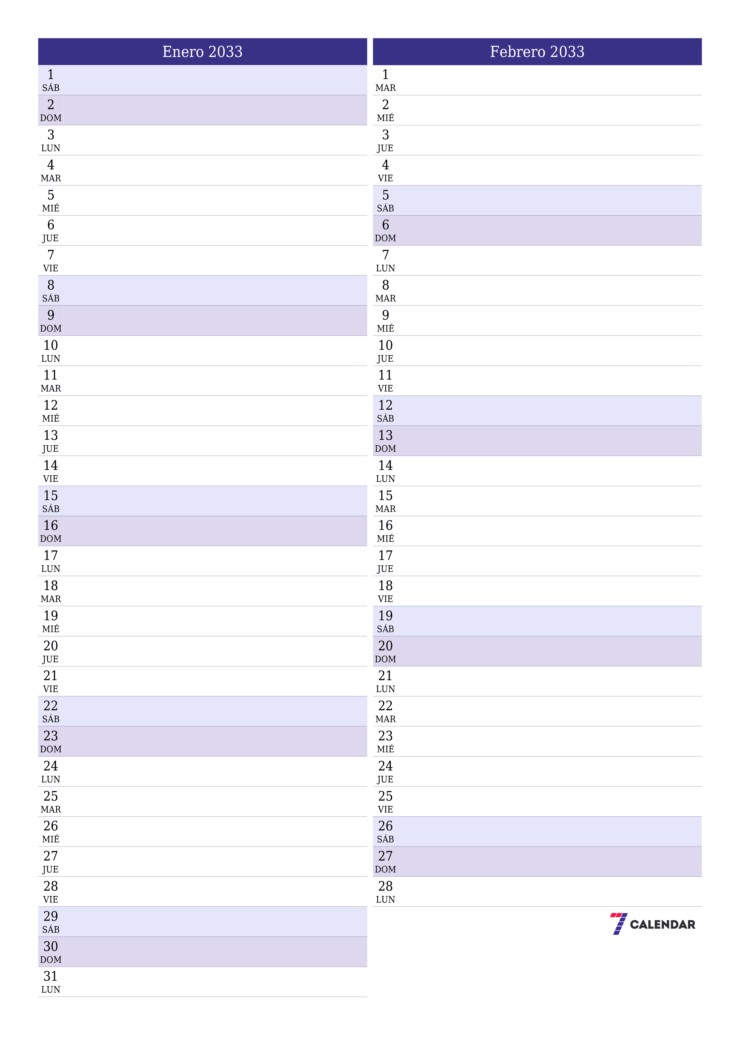  imprimible de pared plantilla de gratisvertical Mensual planificador calendario Enero (Ene) 2033