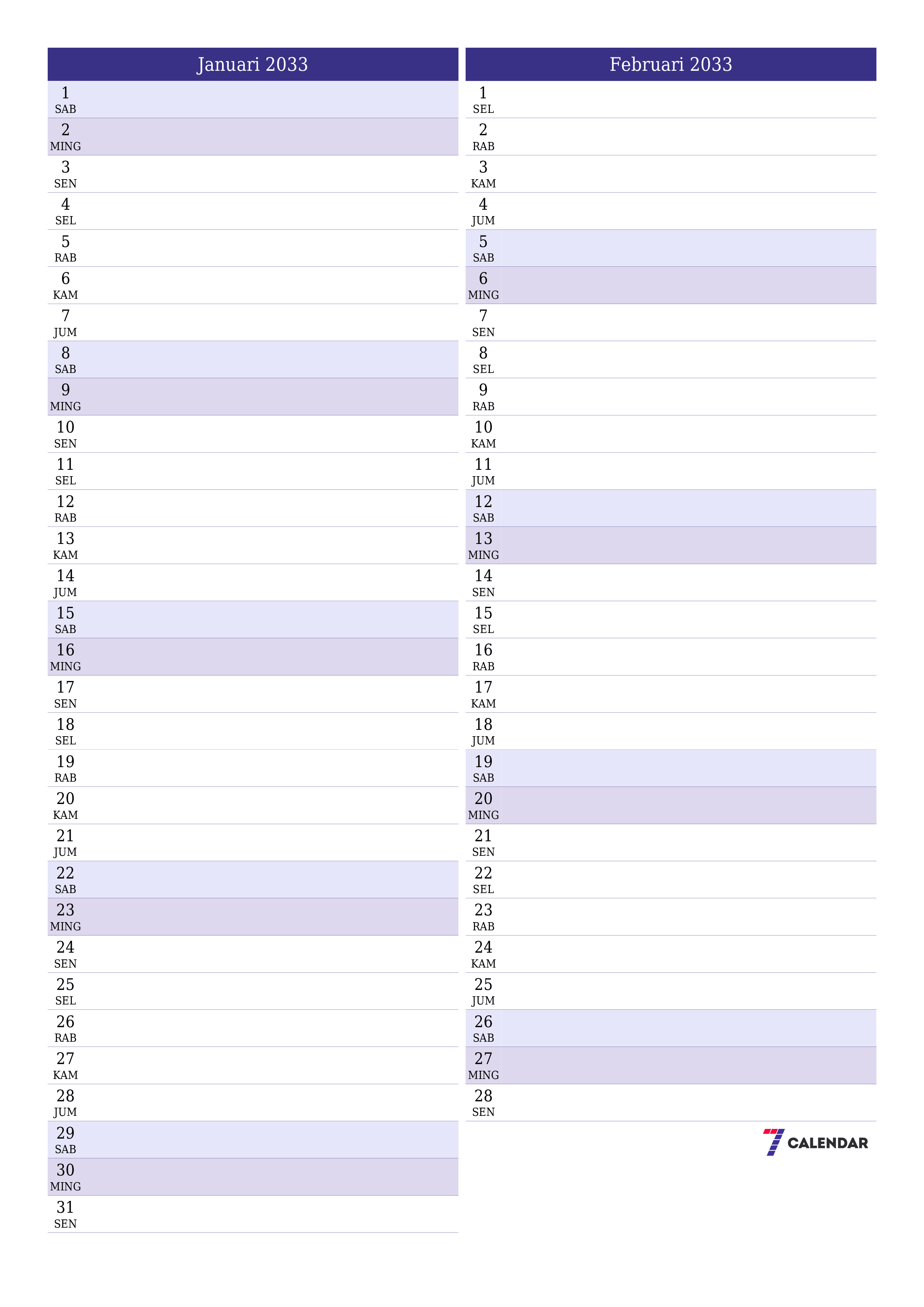  yang dapat dicetak dinding templat gratisvertikal Bulanan perencana kalender Januari (Jan) 2033
