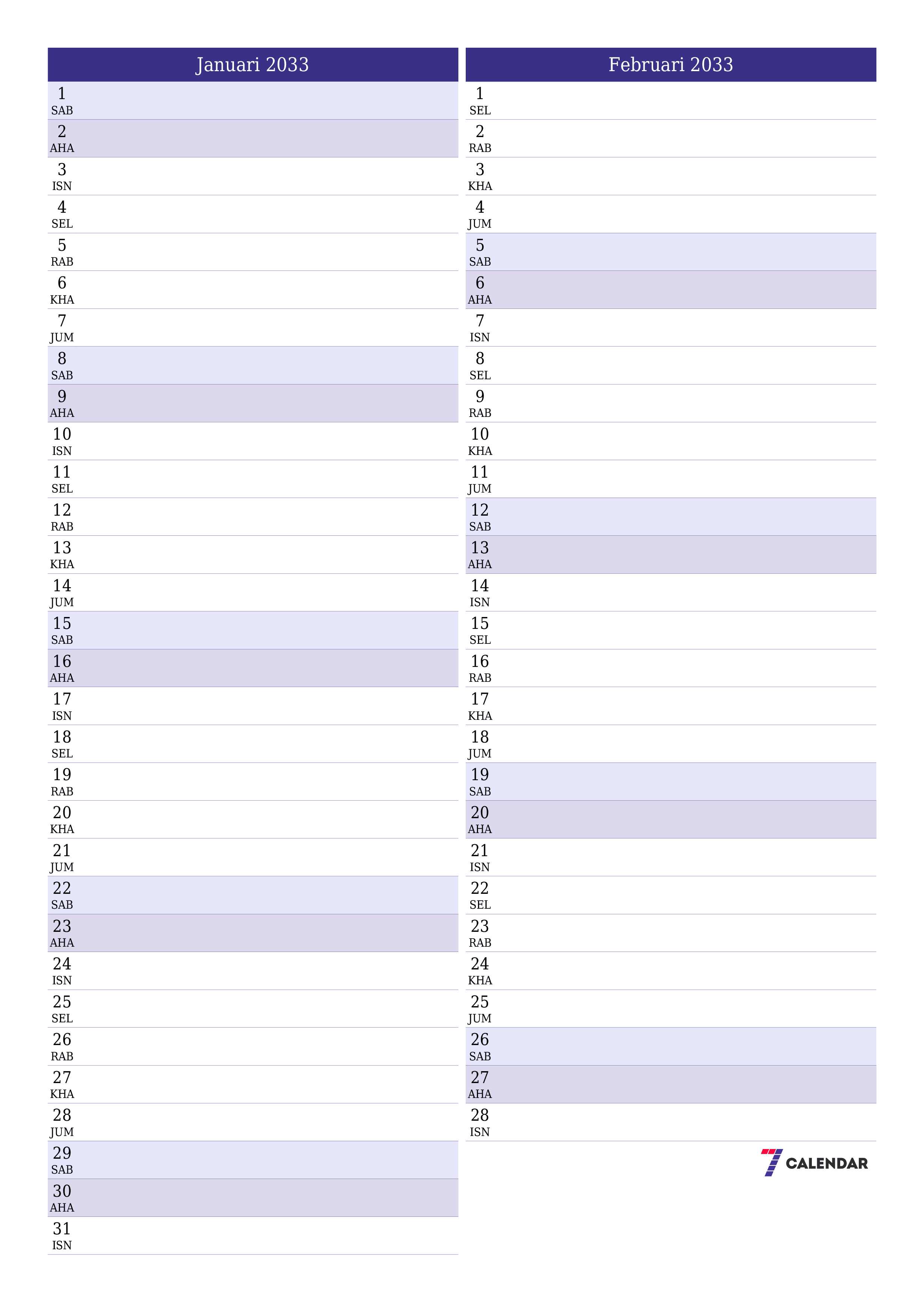  boleh cetak dinding templat percumamenegak Bulanan perancang kalendar Januari (Jan) 2033