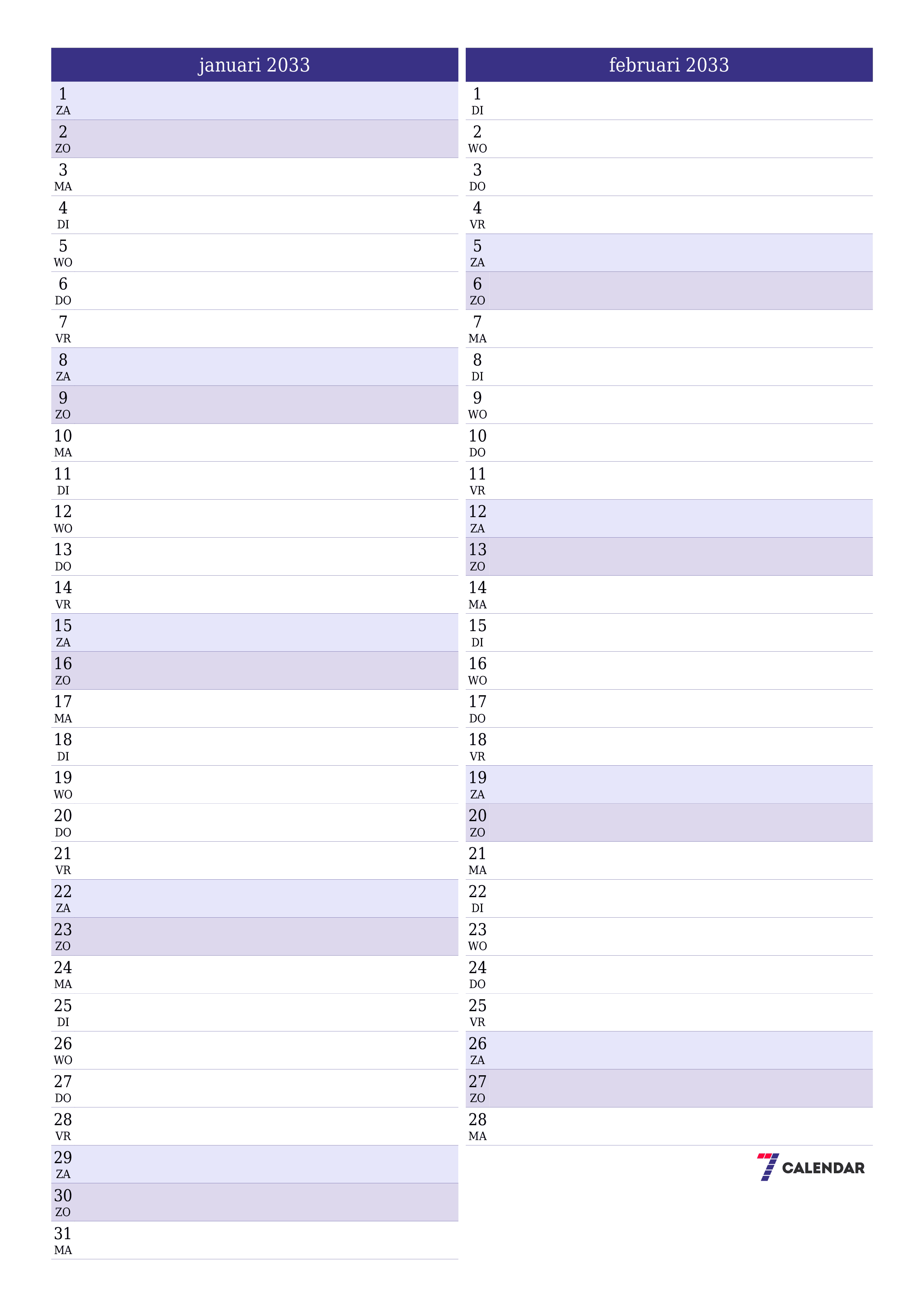 afdrukbare muur sjabloon gratis verticaal Maandelijks planner kalender januari (jan) 2033