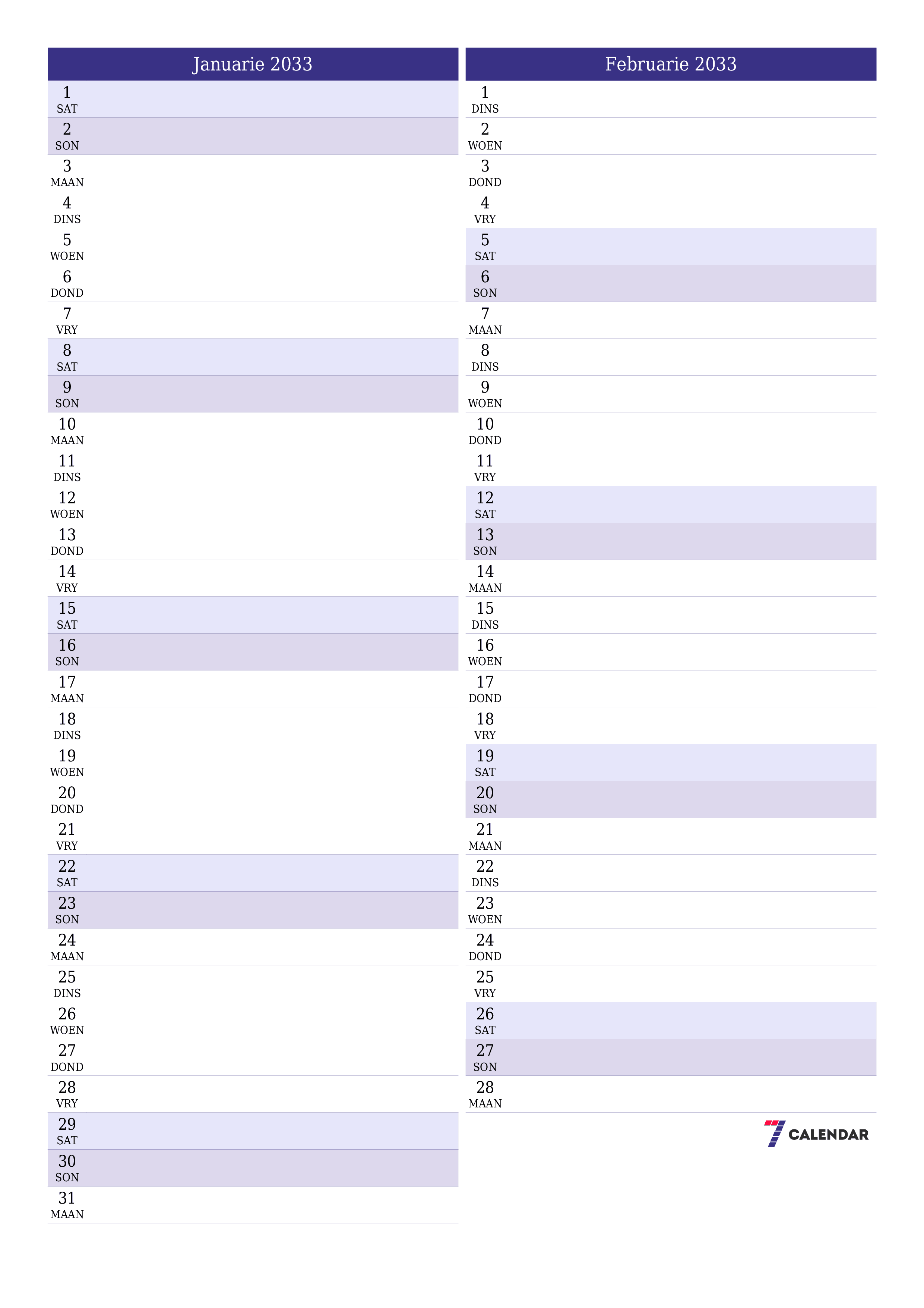 drukbare muur template gratis vertikaal Maandeliks beplanner kalender Januarie (Jan) 2033