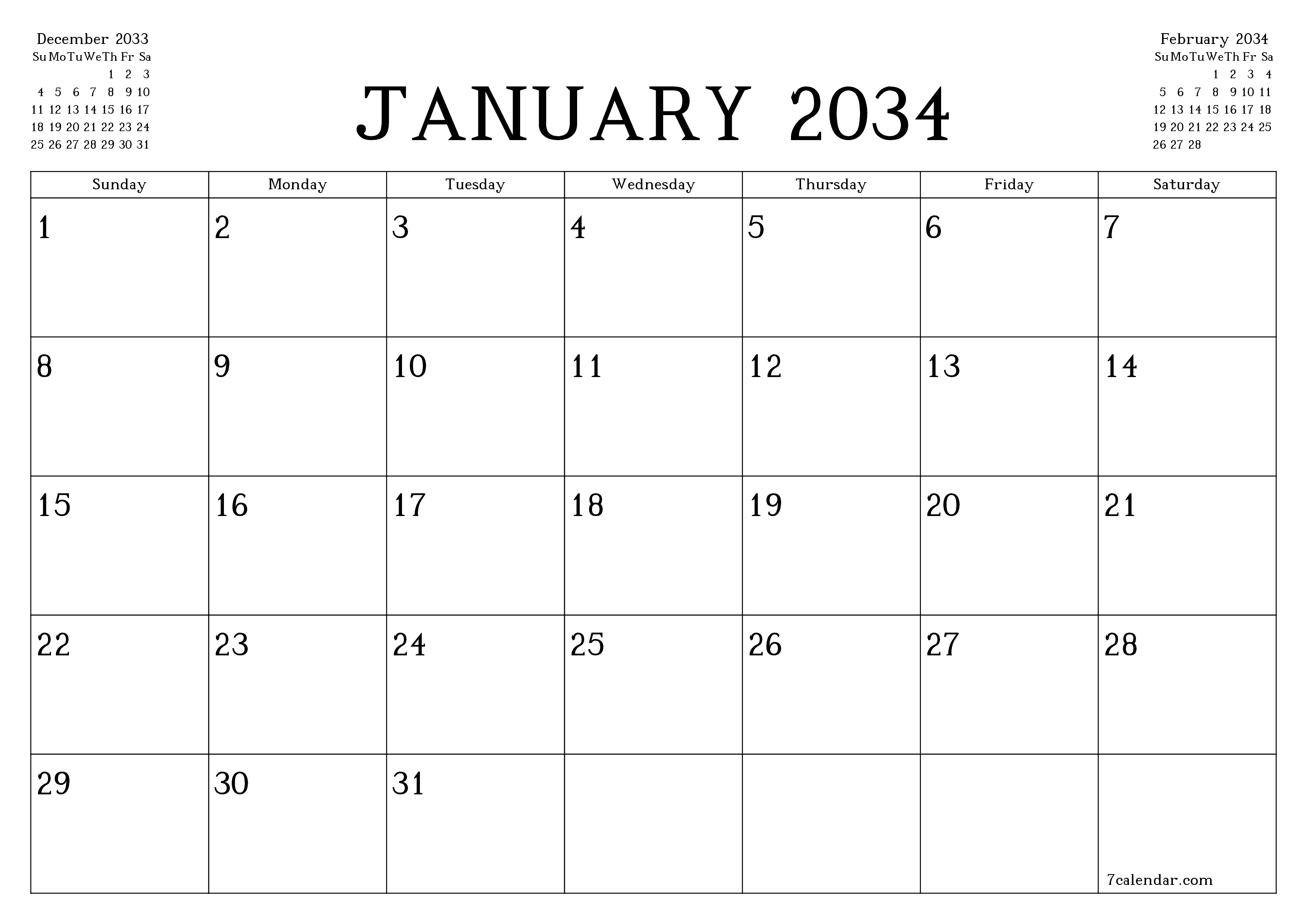 Blank calendar January 2034