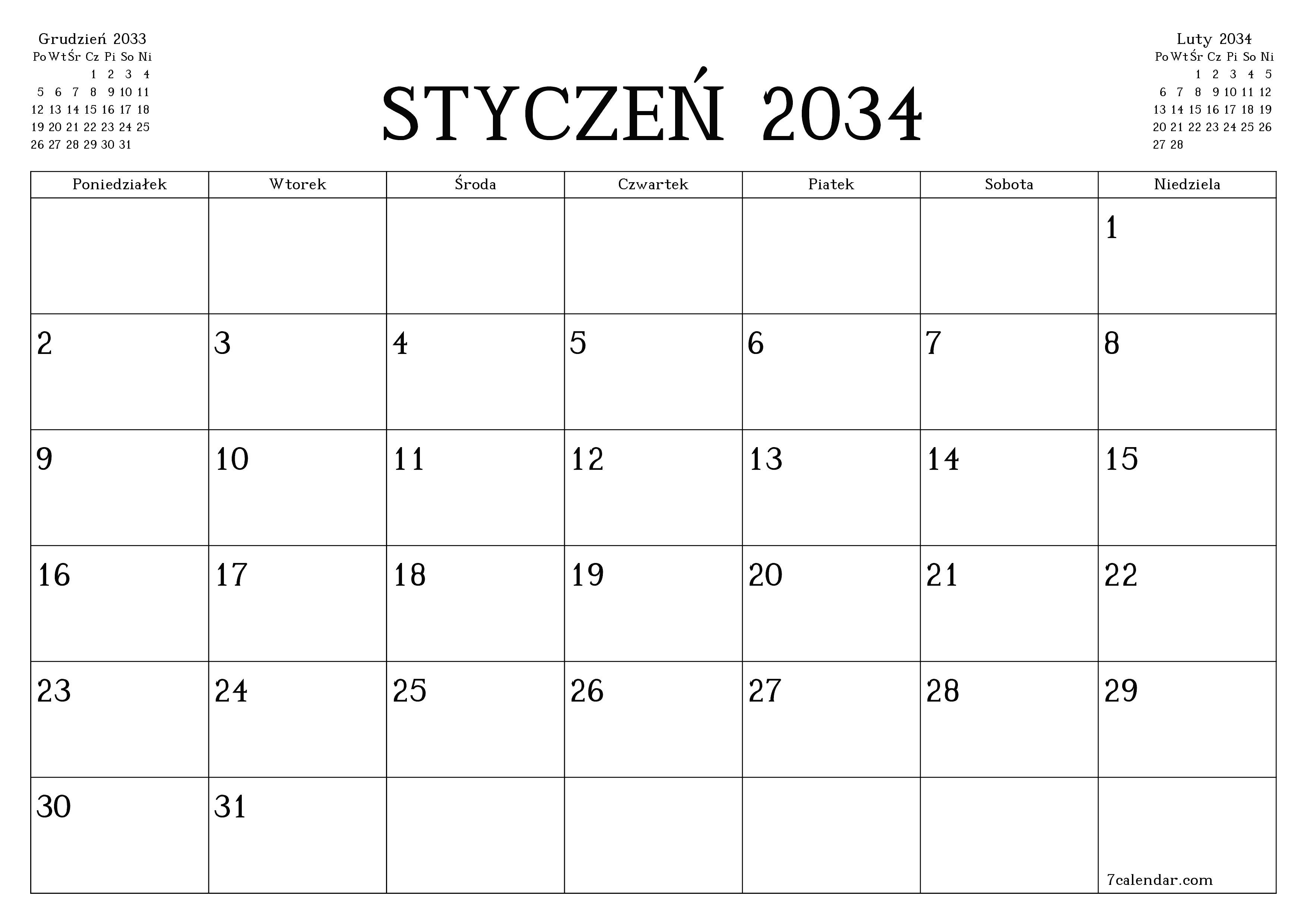 Opróżnij miesięczny planer na miesiąc Styczeń 2034 z notatkami, zapisz i wydrukuj w formacie PDF PNG Polish