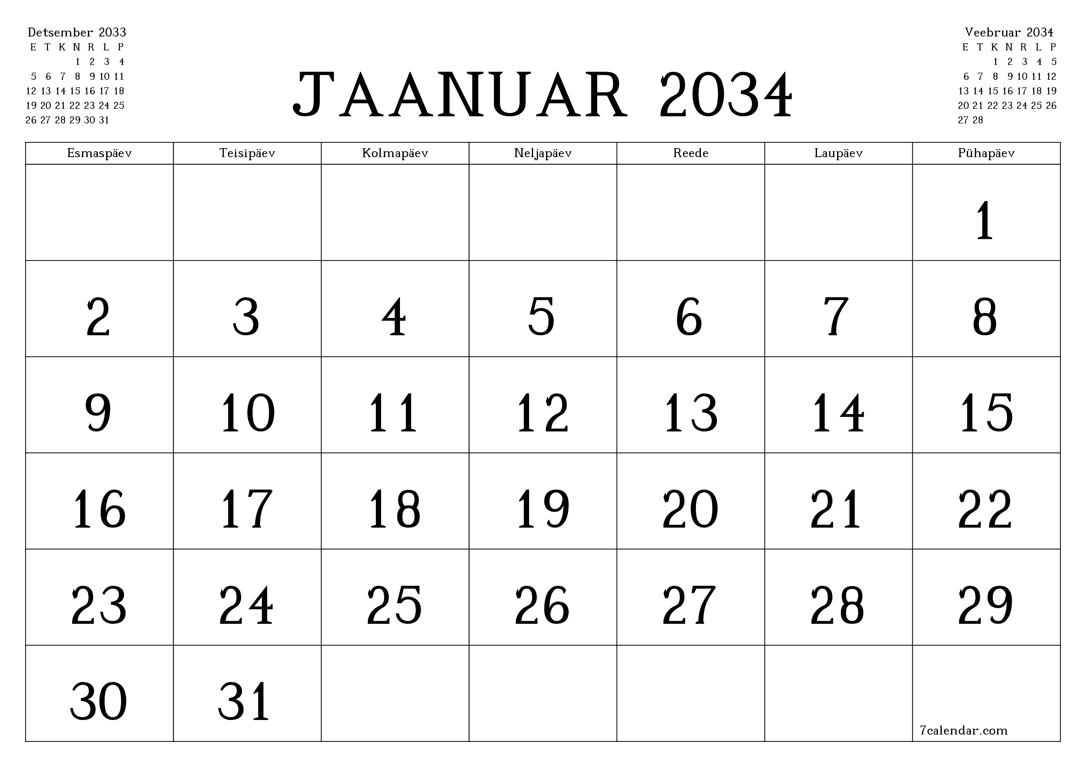 Tühjendage kuu Jaanuar 2034 kuuplaneerija märkmetega, salvestage ja printige PDF-i PNG Estonian