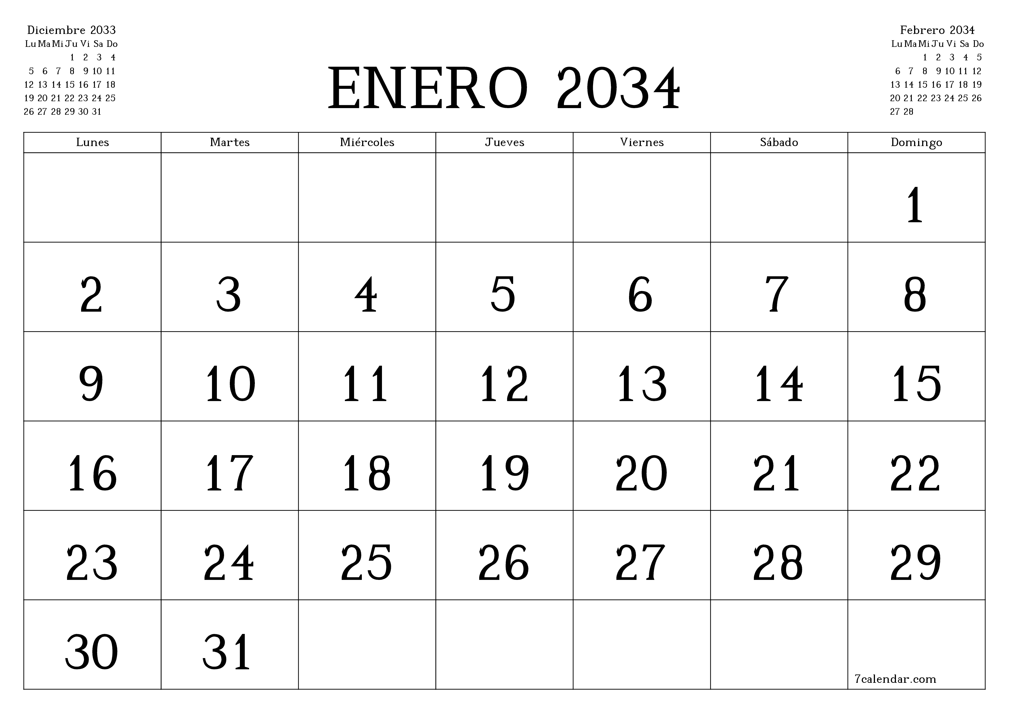 Planificador mensual vacío para el mes Enero 2034 con notas, guardar e imprimir en PDF PNG Spanish