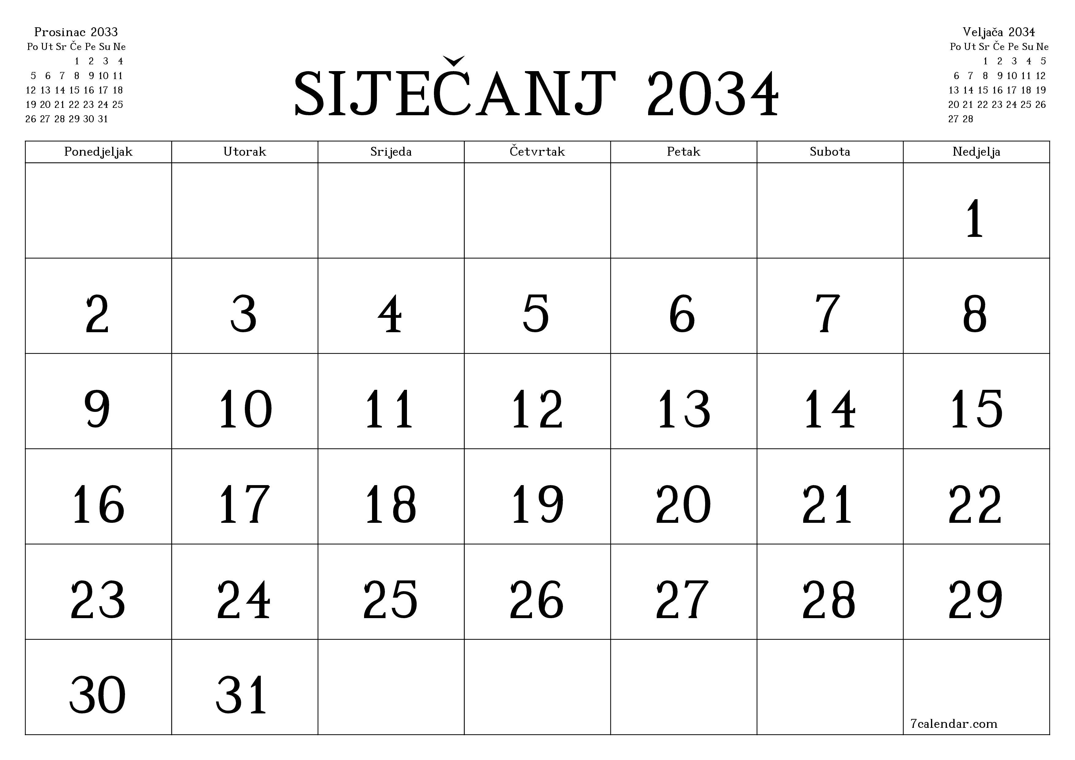 Ispraznite mjesečni planer za mjesec Siječanj 2034 s bilješkama, spremite i ispišite u PDF PNG Croatian