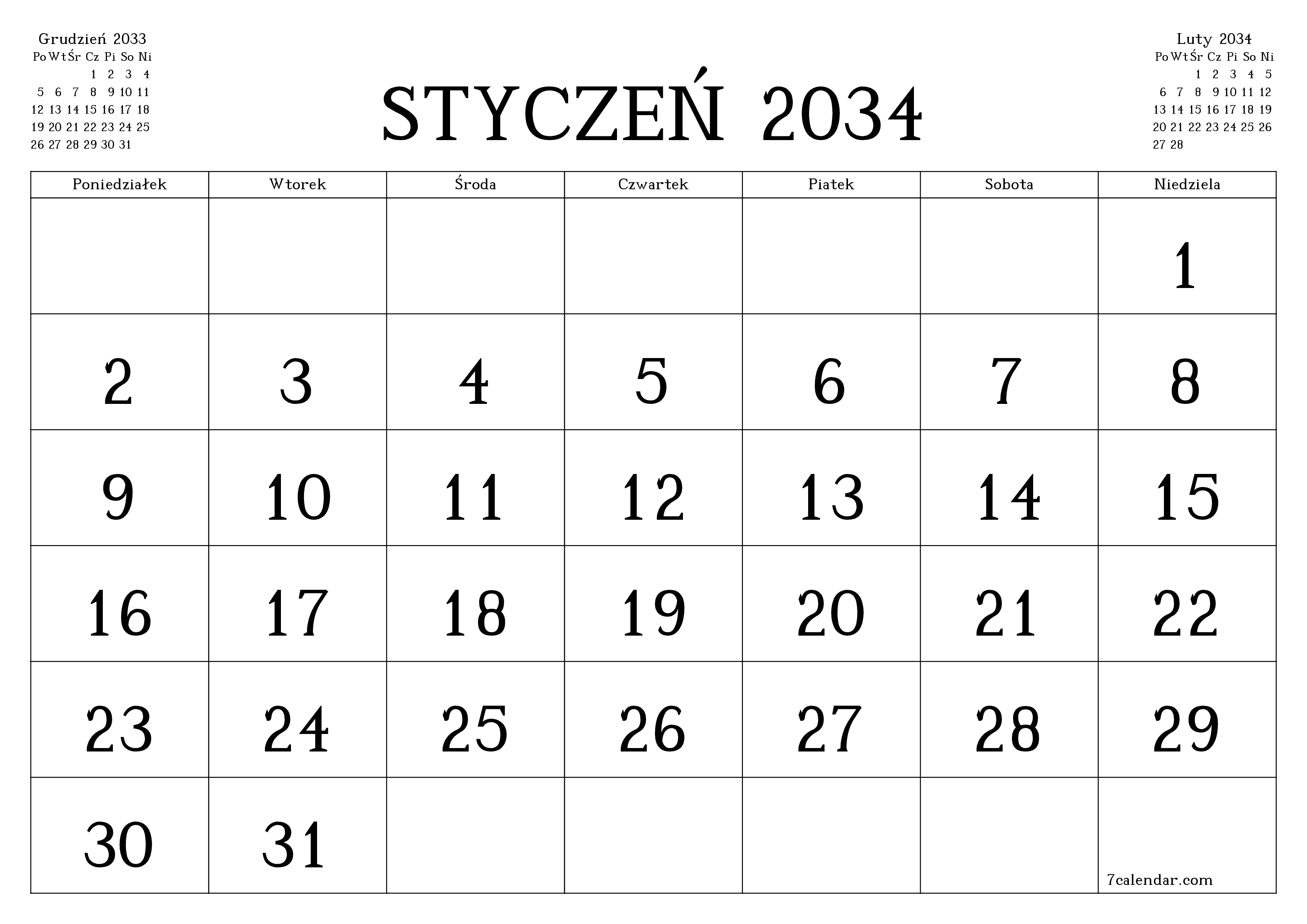 Opróżnij miesięczny planer na miesiąc Styczeń 2034 z notatkami, zapisz i wydrukuj w formacie PDF PNG Polish