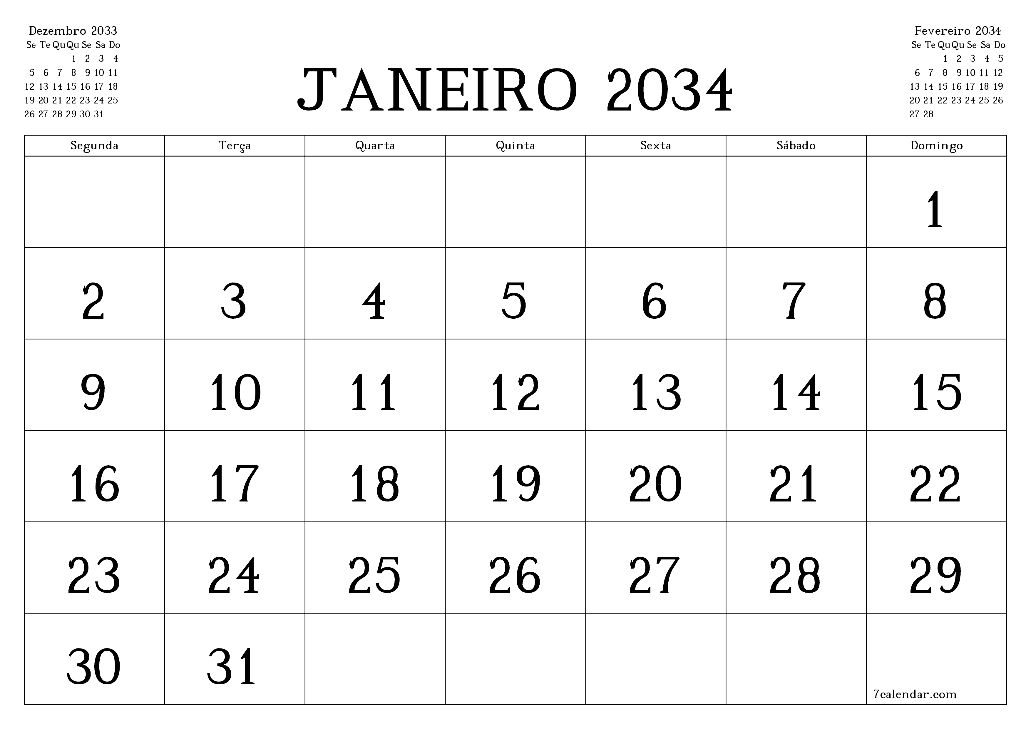 Esvazie o planejador mensal para o mês Janeiro 2034 com notas, salve e imprima em PDF PNG Portuguese