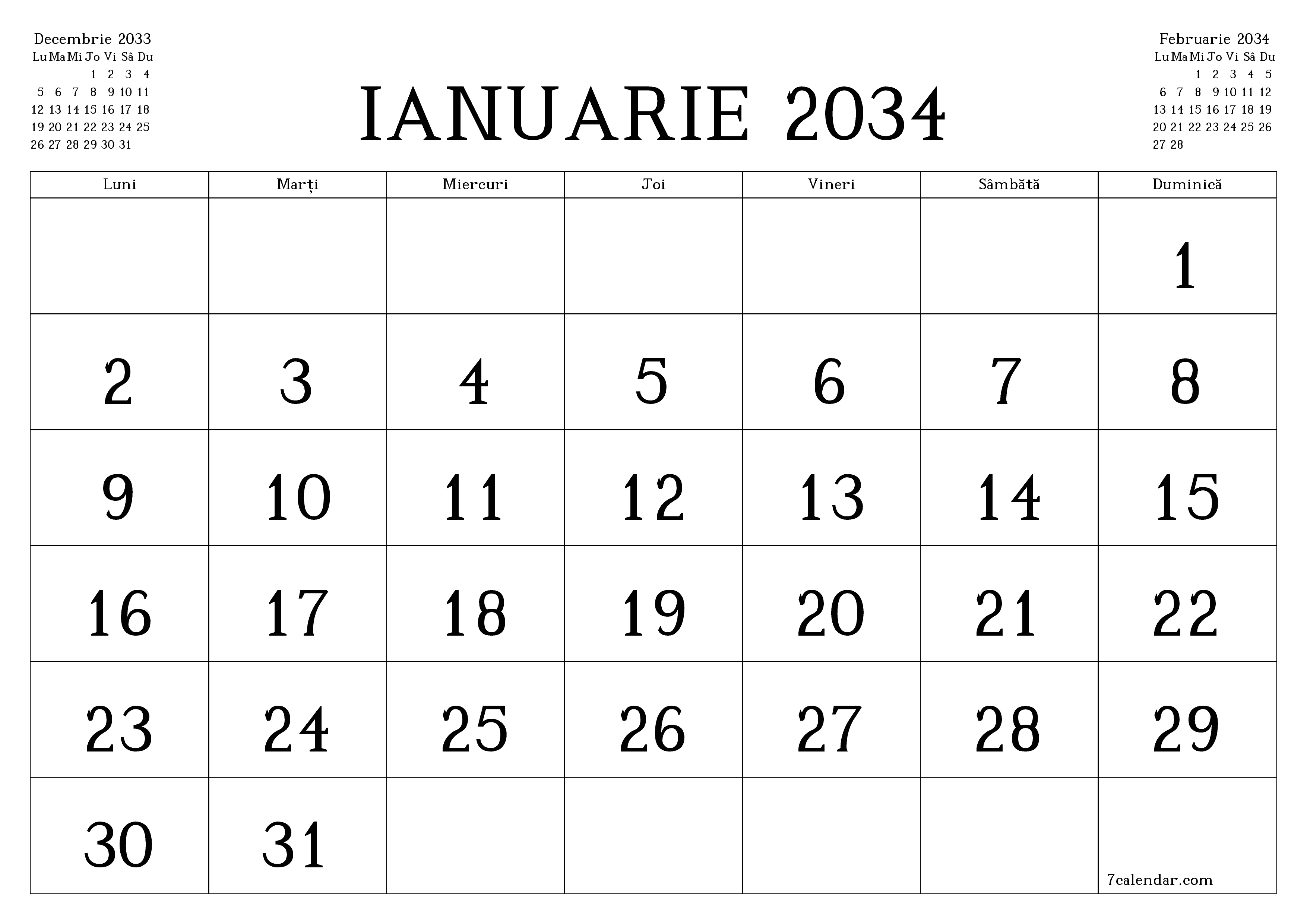 Planificator lunar gol pentru luna Ianuarie 2034 cu note, salvați și tipăriți în PDF PNG Romanian