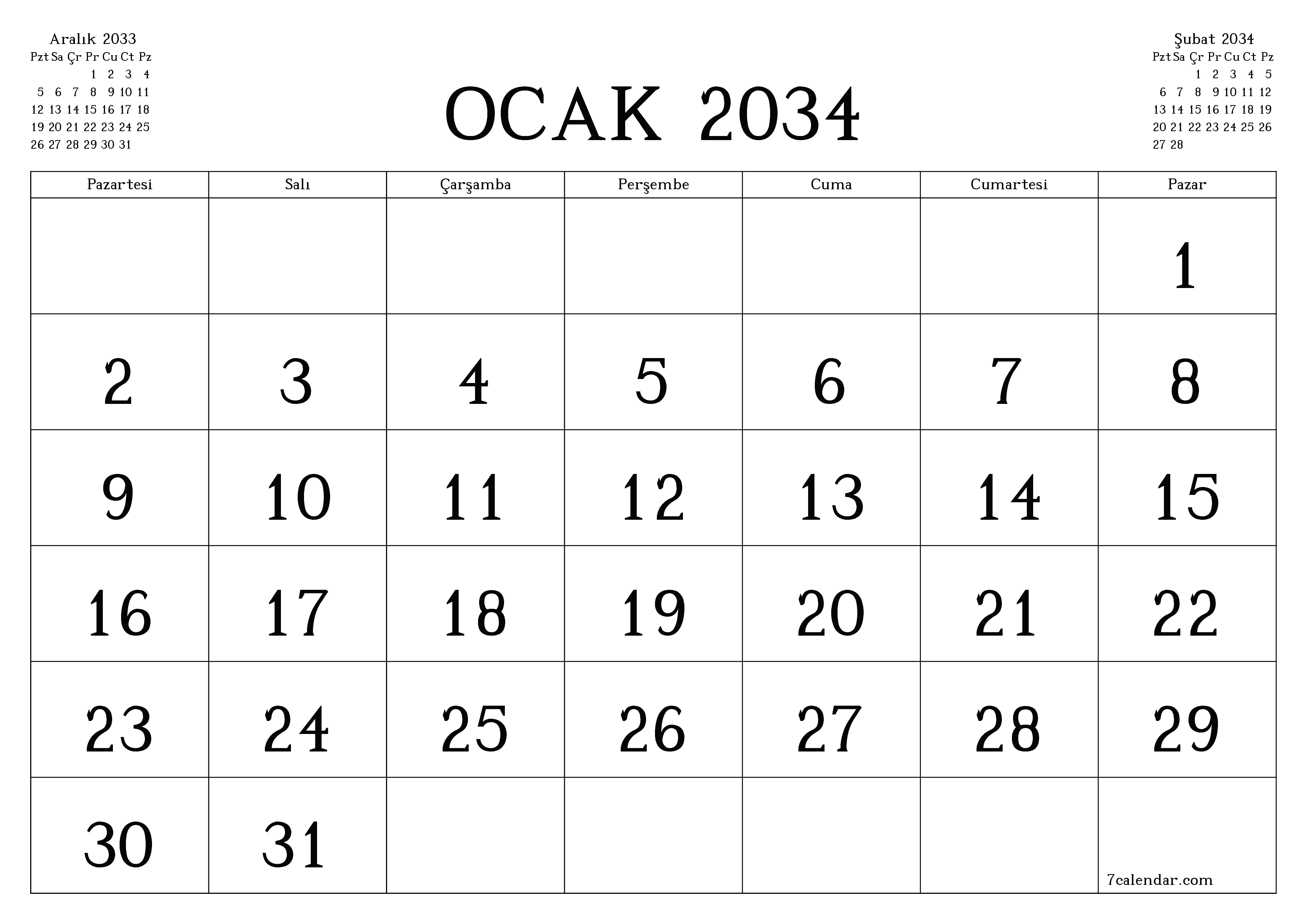 Ocak 2034 ayı için notlarla birlikte boş aylık planlayıcı, kaydedin ve PDF'ye yazdırın PNG Turkish