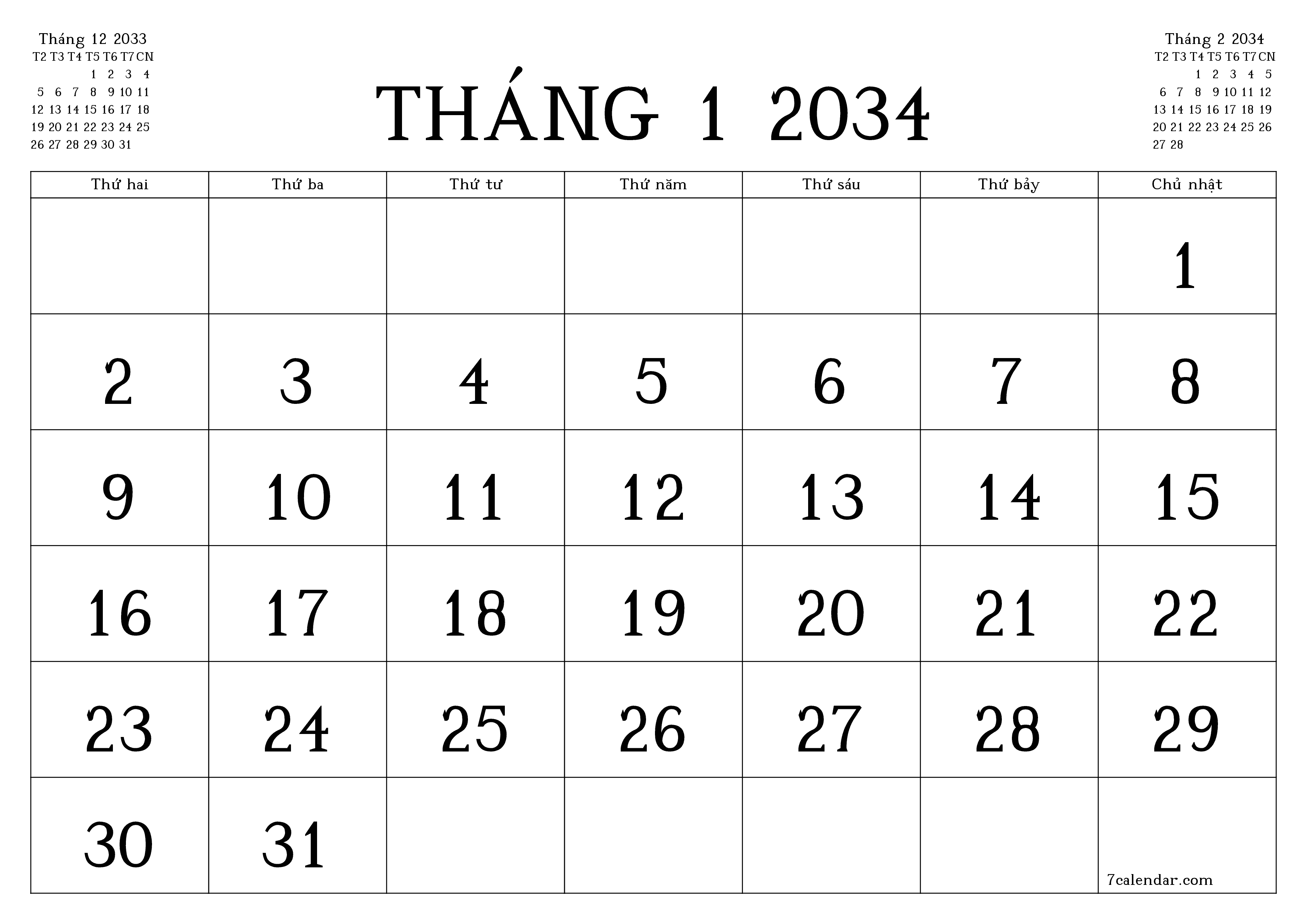 Công cụ lập kế hoạch hàng tháng trống cho tháng Tháng 1 2034 có ghi chú, lưu và in sang PDF PNG Vietnamese