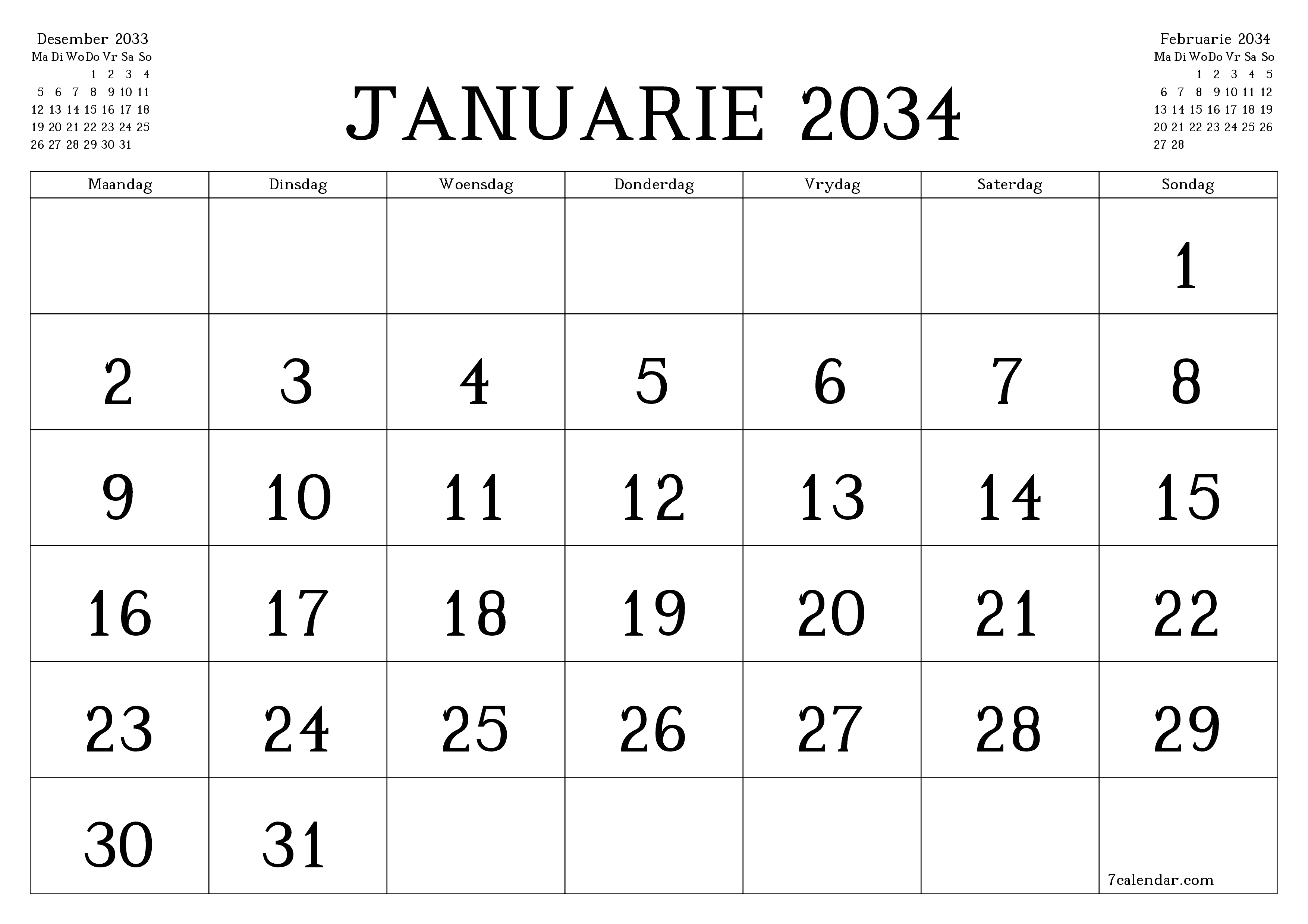 Leë maandelikse drukbare kalender en beplanner vir maand Januarie 2034 met notas stoor en druk na PDF PNG Afrikaans