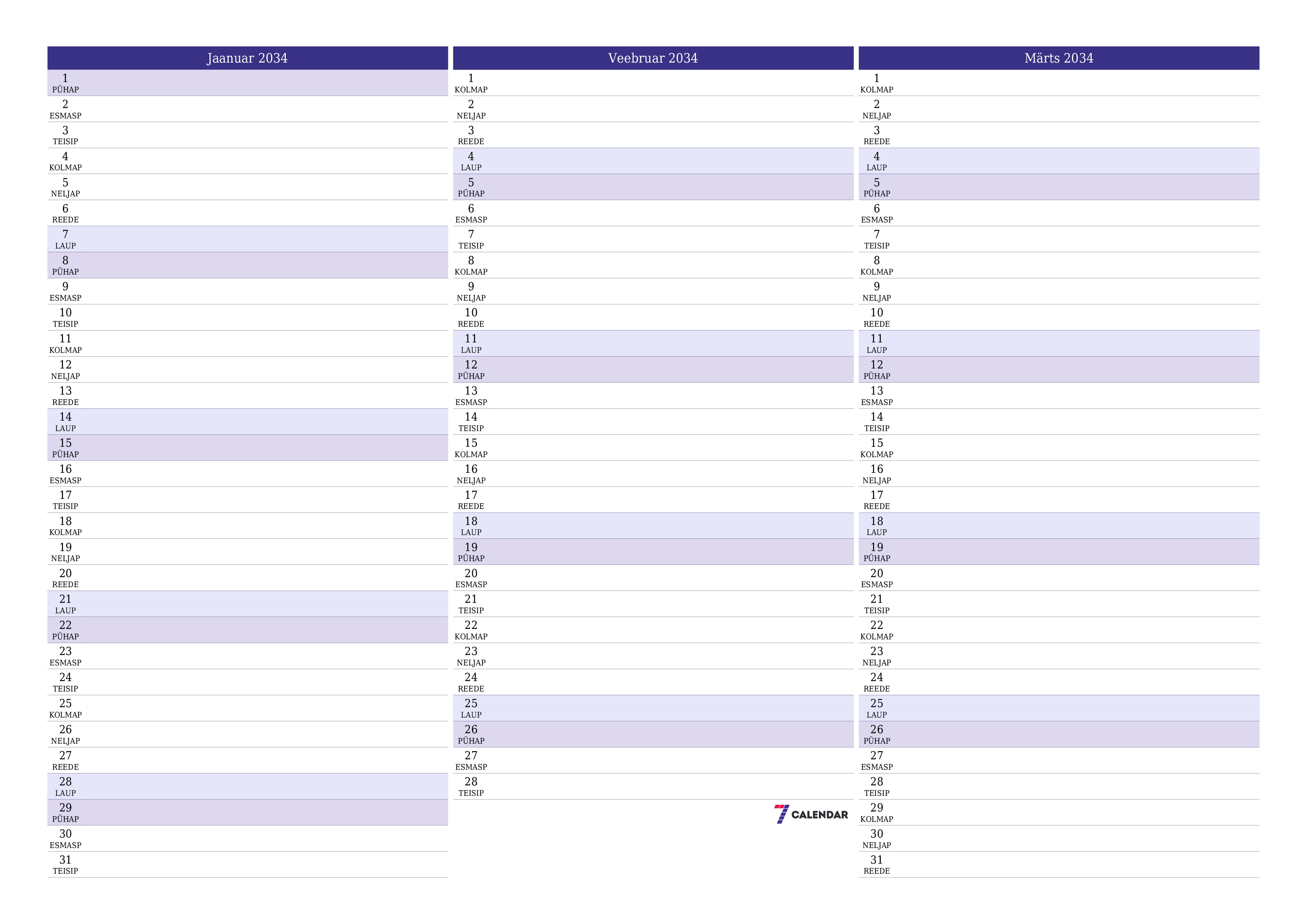 Tühjendage kuu Jaanuar 2034 kuuplaneerija märkmetega, salvestage ja printige PDF-i PNG Estonian