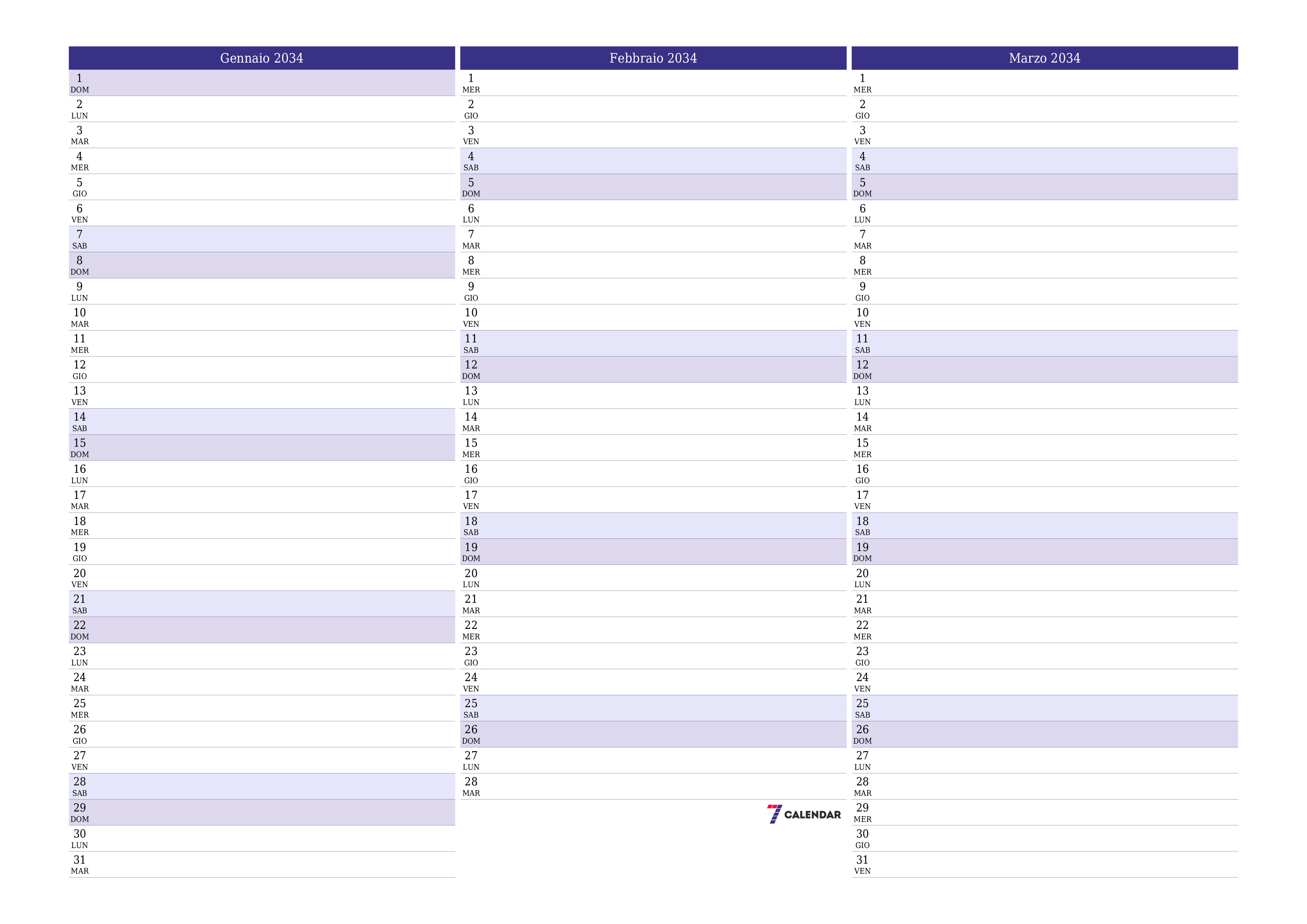 Pianificatore mensile vuoto per il mese Gennaio 2034 con note, salva e stampa in PDF PNG Italian