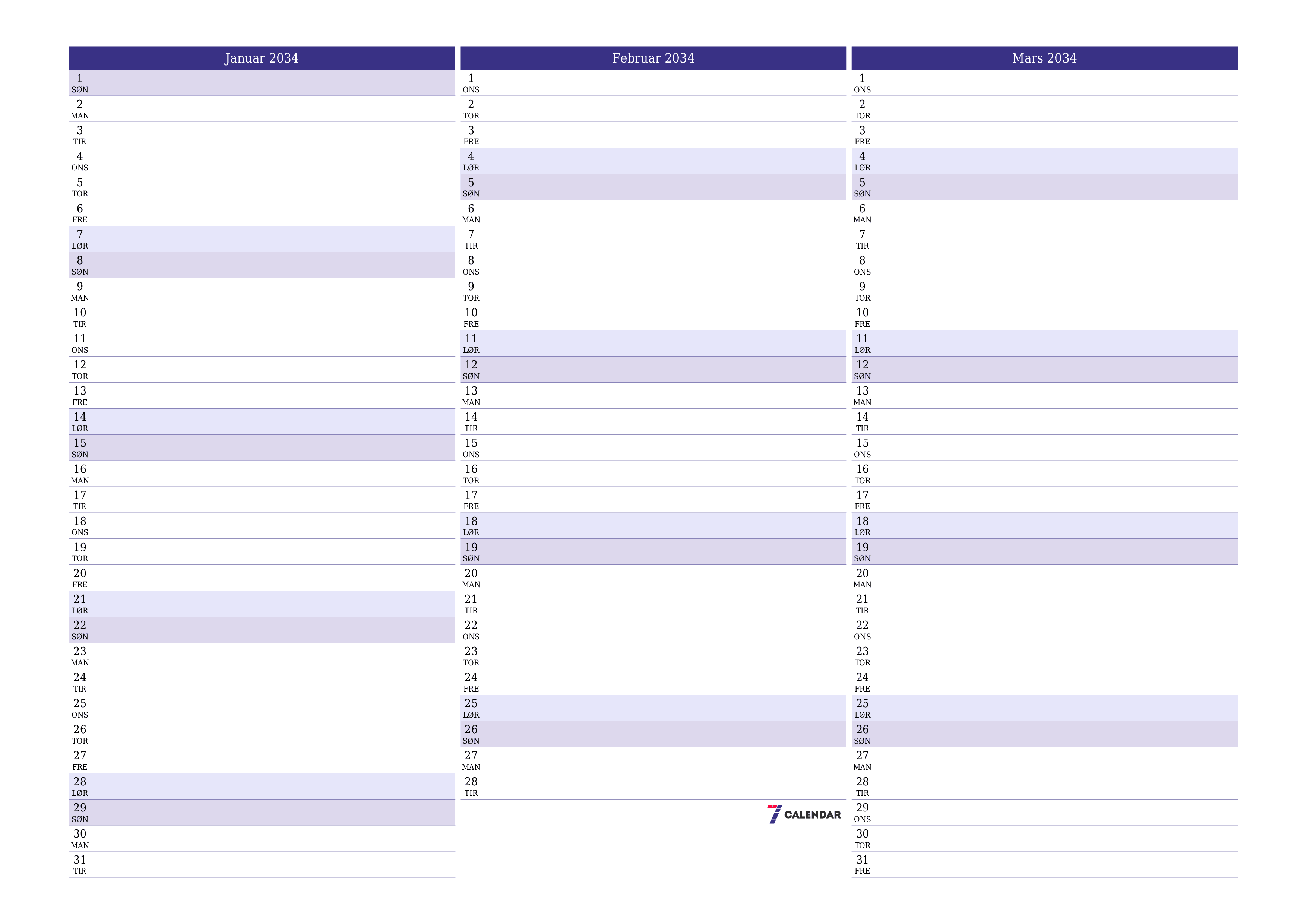 Tom månedlig planlegger for måned Januar 2034 med notater, lagre og skriv ut til PDF PNG Norwegian