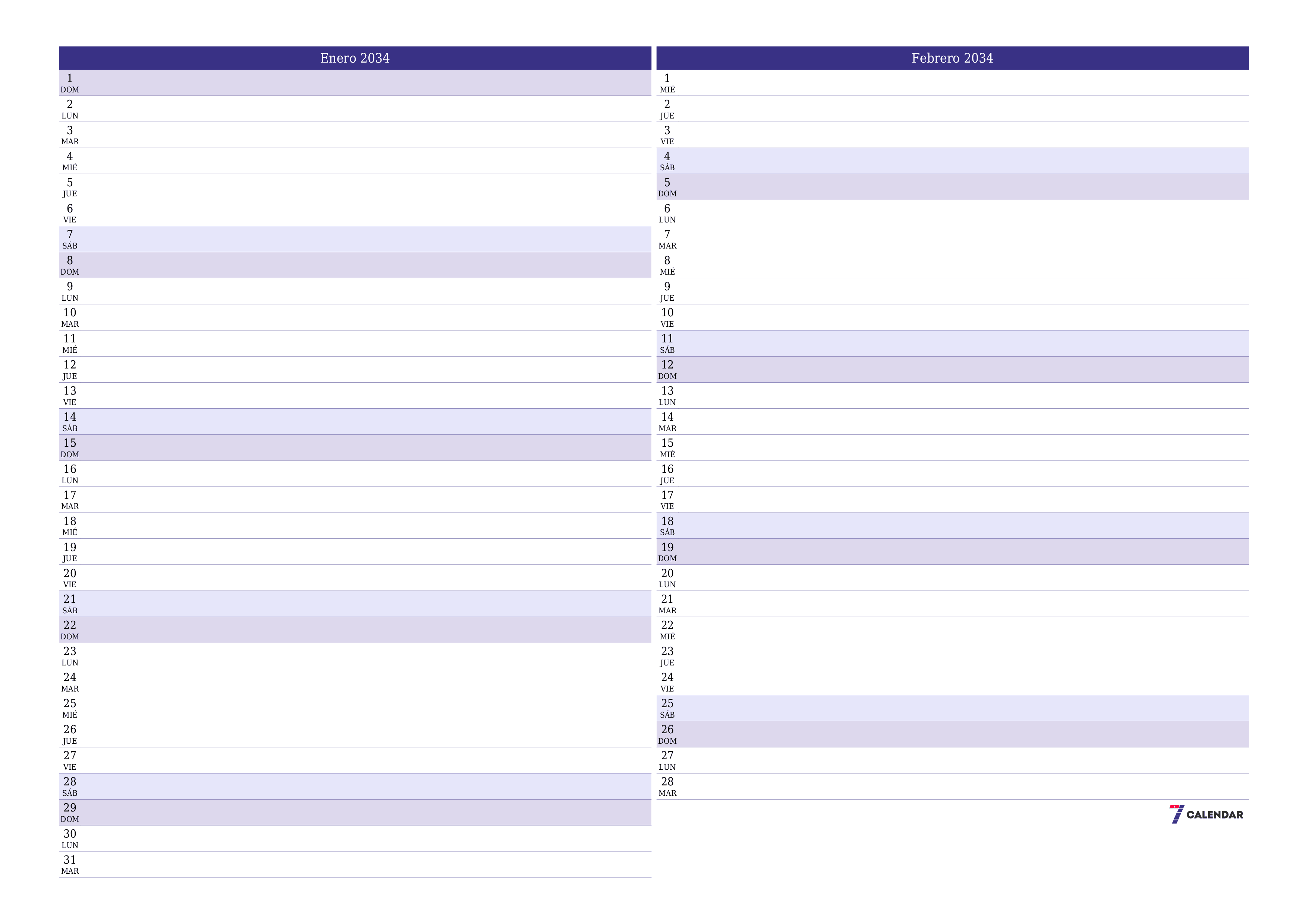 Planificador mensual vacío para el mes Enero 2034 con notas, guardar e imprimir en PDF PNG Spanish