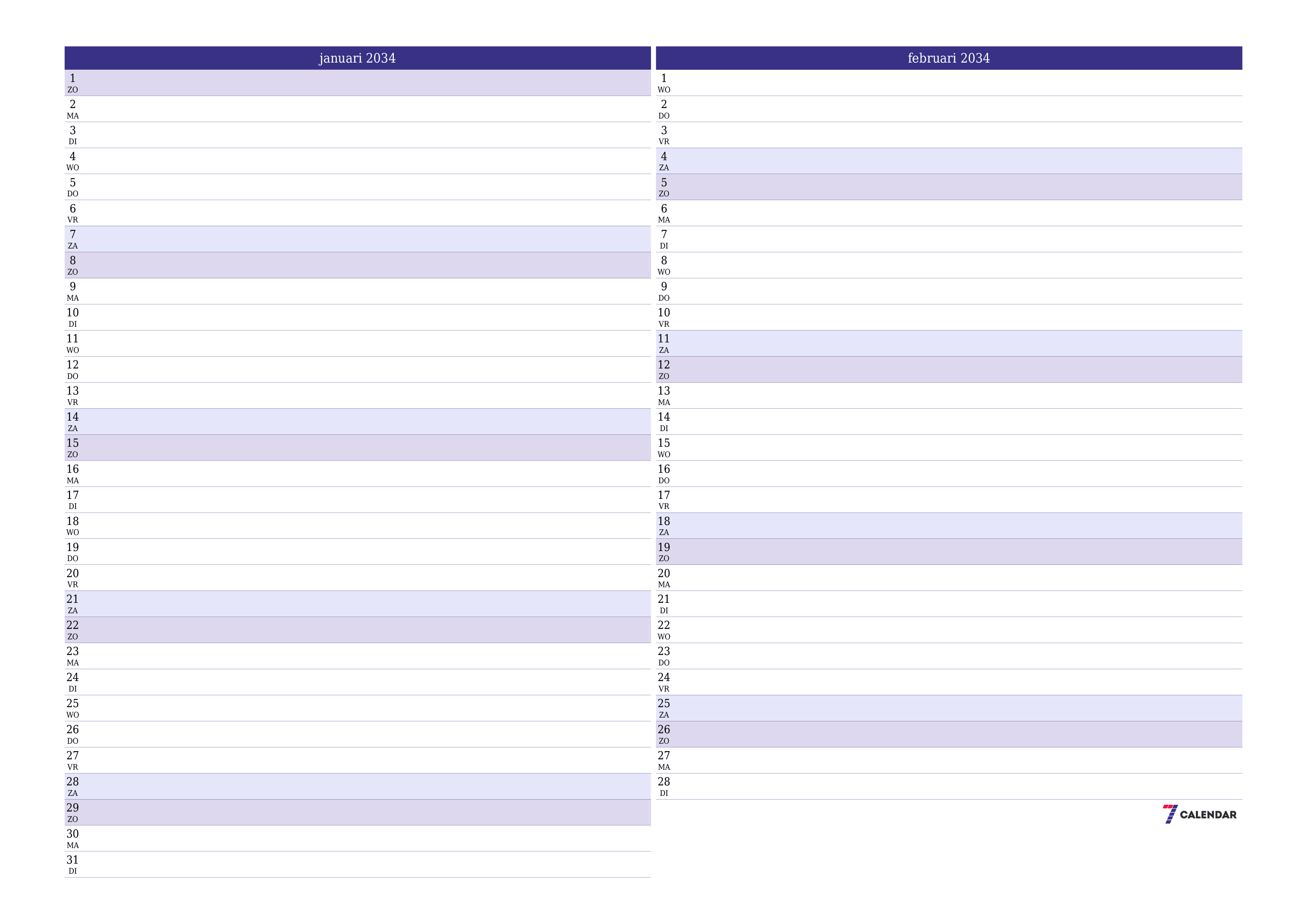 Lege maandplanner voor maand januari 2034 met notities, opslaan en afdrukken naar pdf PNG Dutch