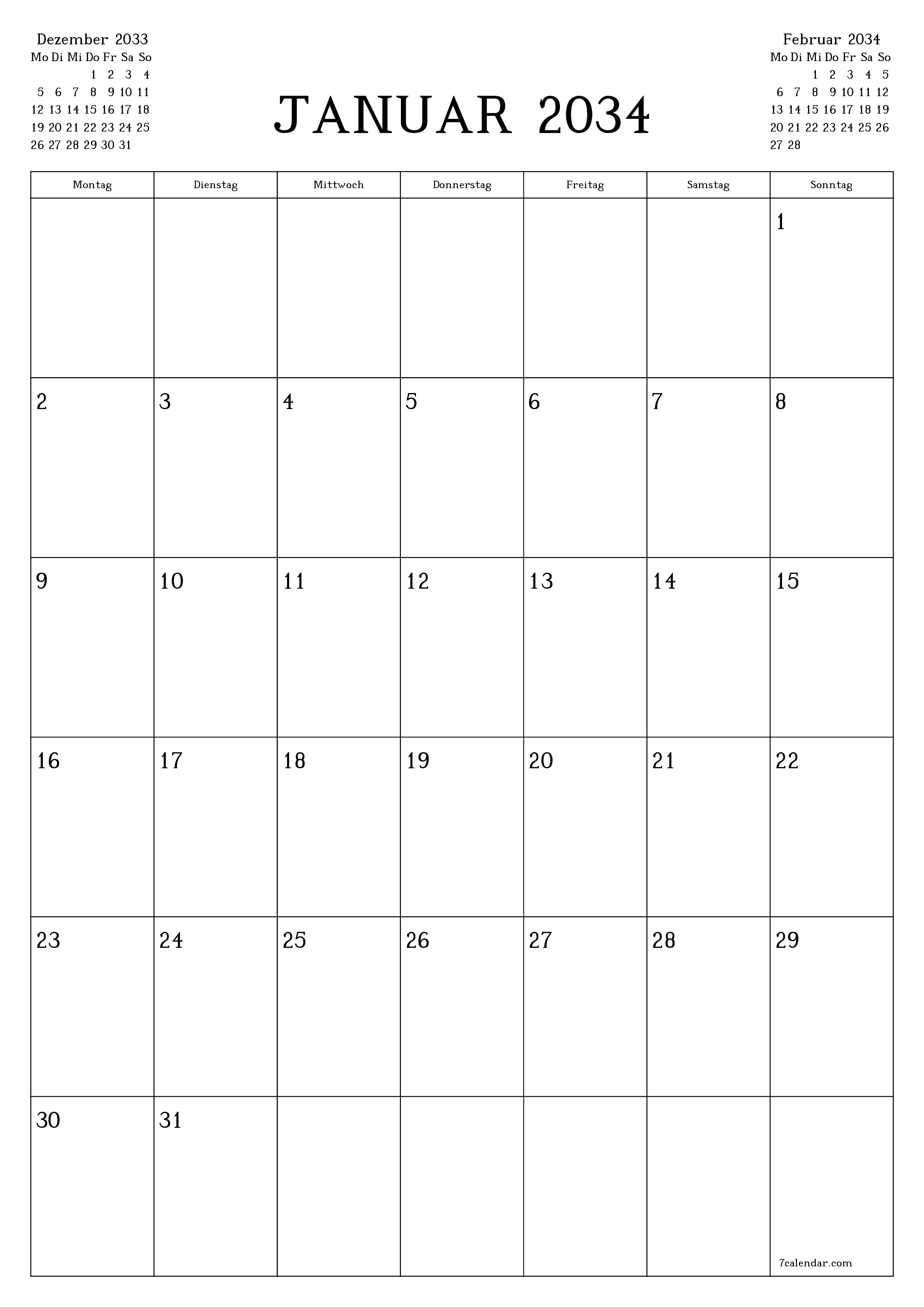  zum Ausdrucken Wandkalender vorlage kostenloser vertikal Monatlich Planer Kalender Januar (Jan) 2034