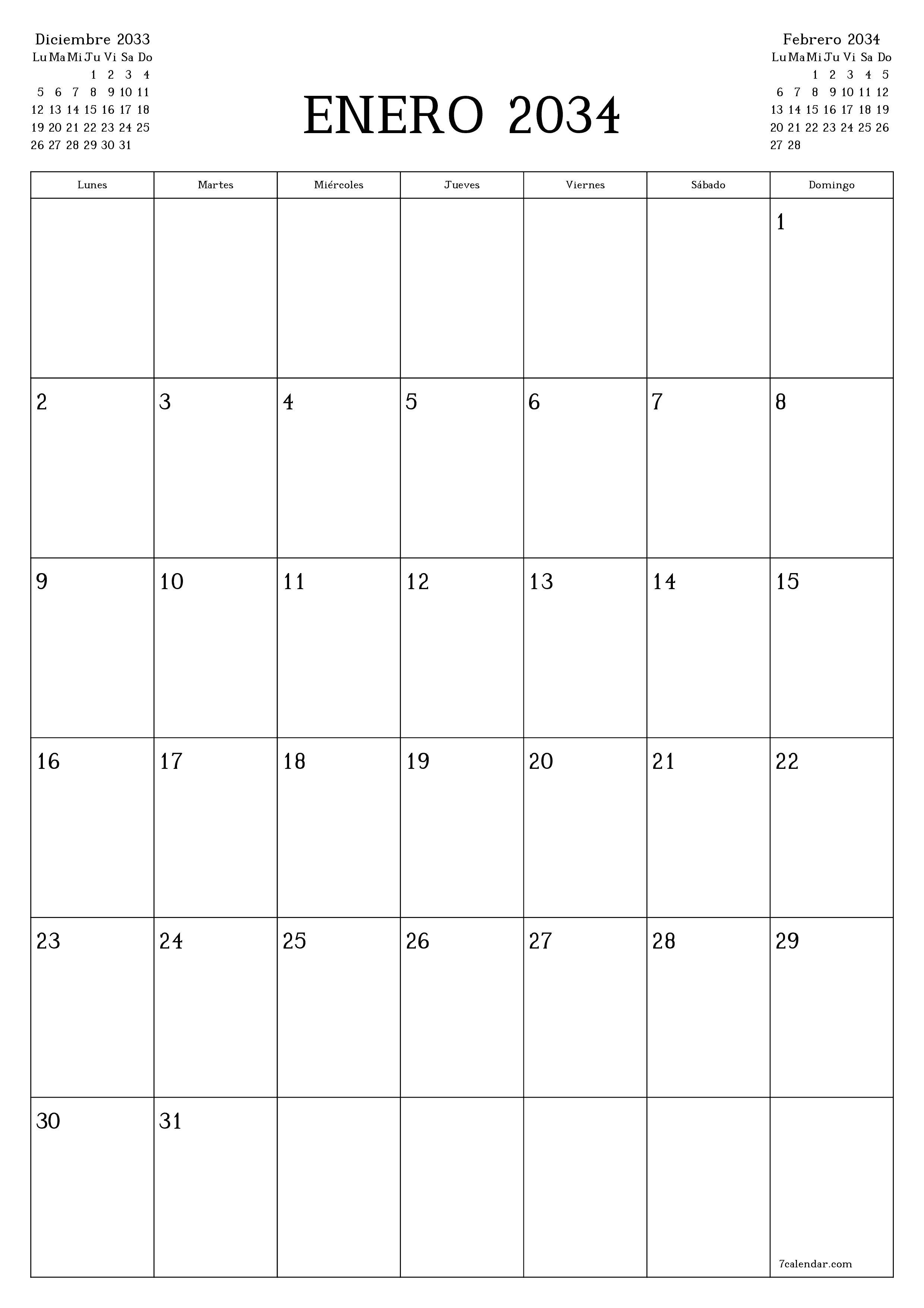  imprimible de pared plantilla de gratisvertical Mensual planificador calendario Enero (Ene) 2034
