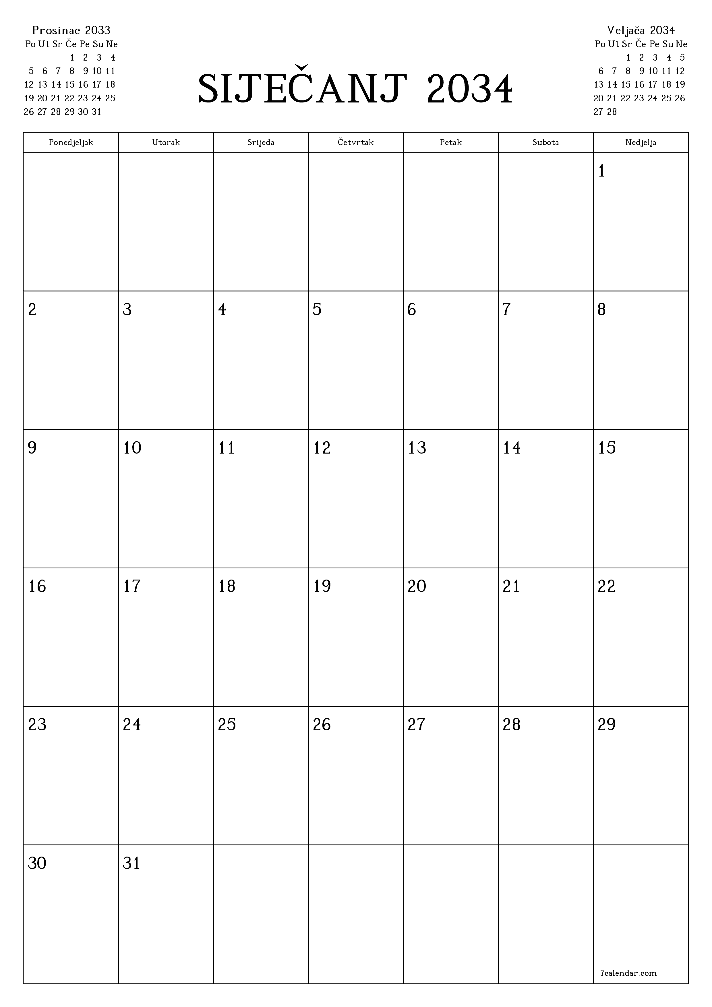  za ispis zidni predložak a besplatni okomito Mjesečni planer kalendar Siječanj (Sij) 2034