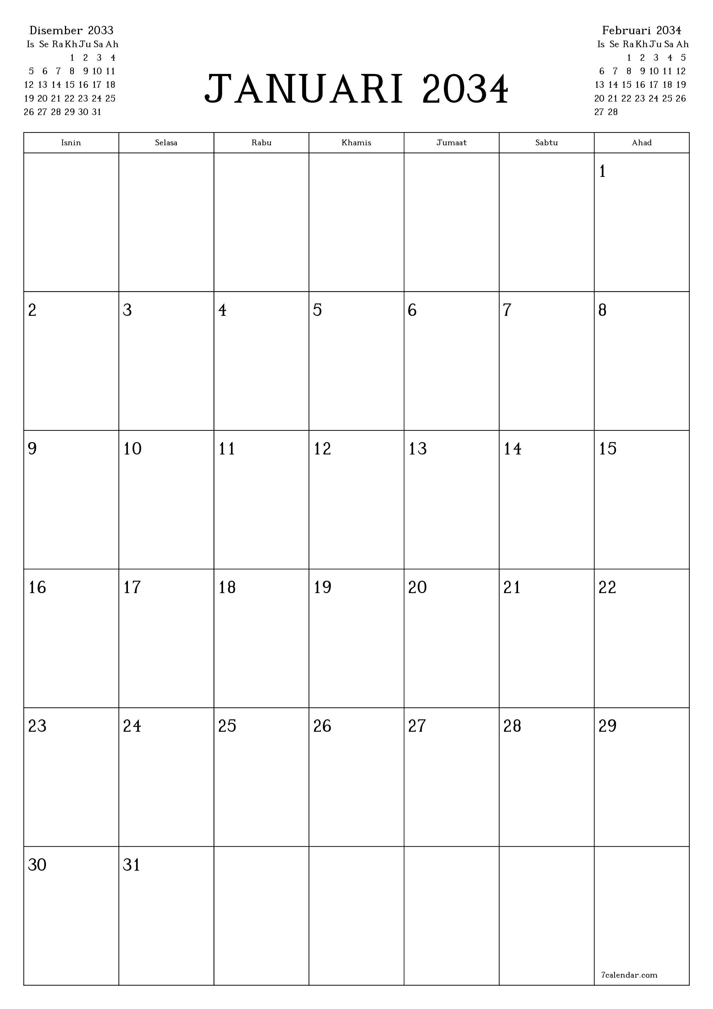  boleh cetak dinding templat percumamenegak Bulanan perancang kalendar Januari (Jan) 2034