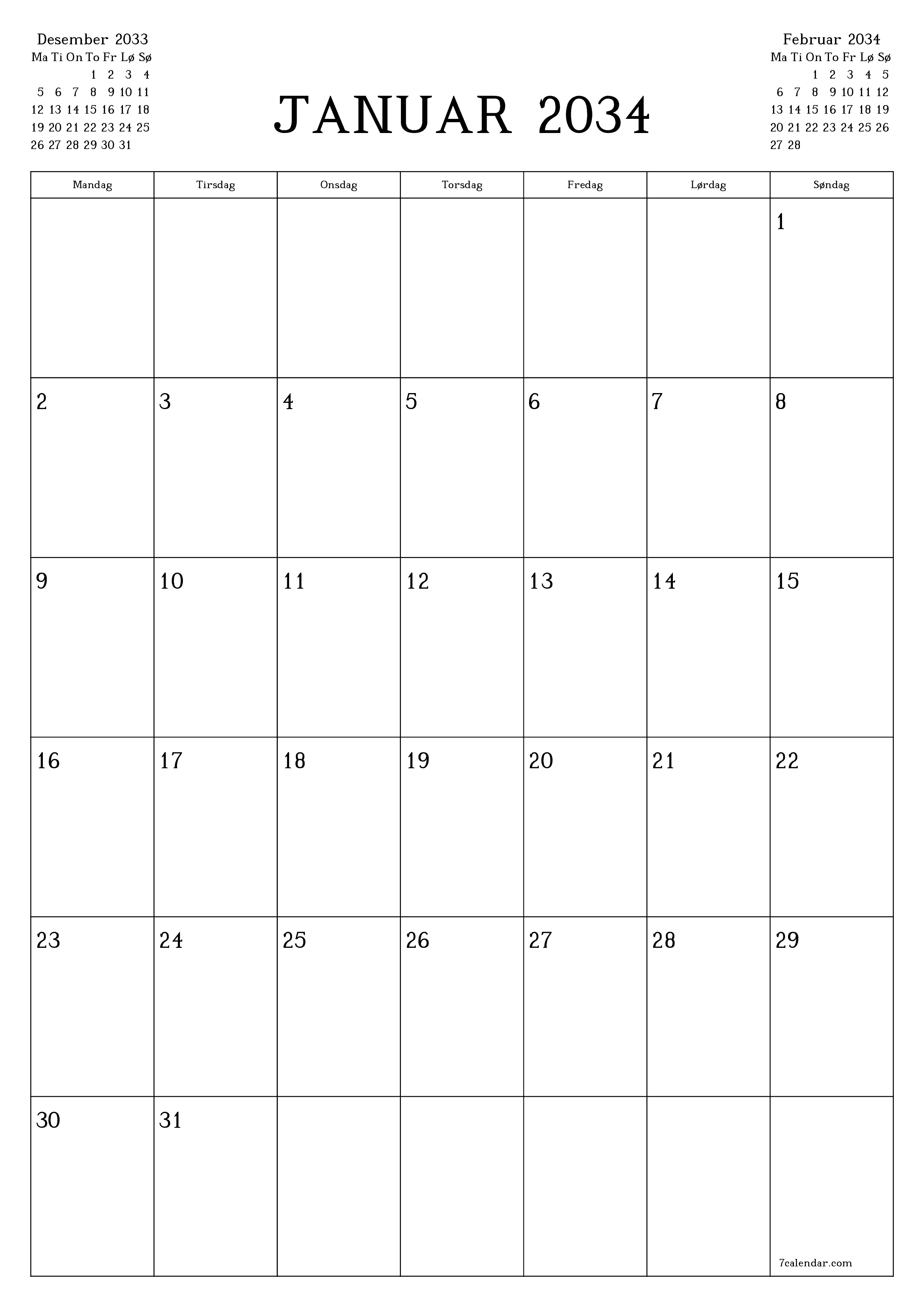 utskrivbar vegg mal gratis vertikal Månedlig planlegger kalender Januar (Jan) 2034
