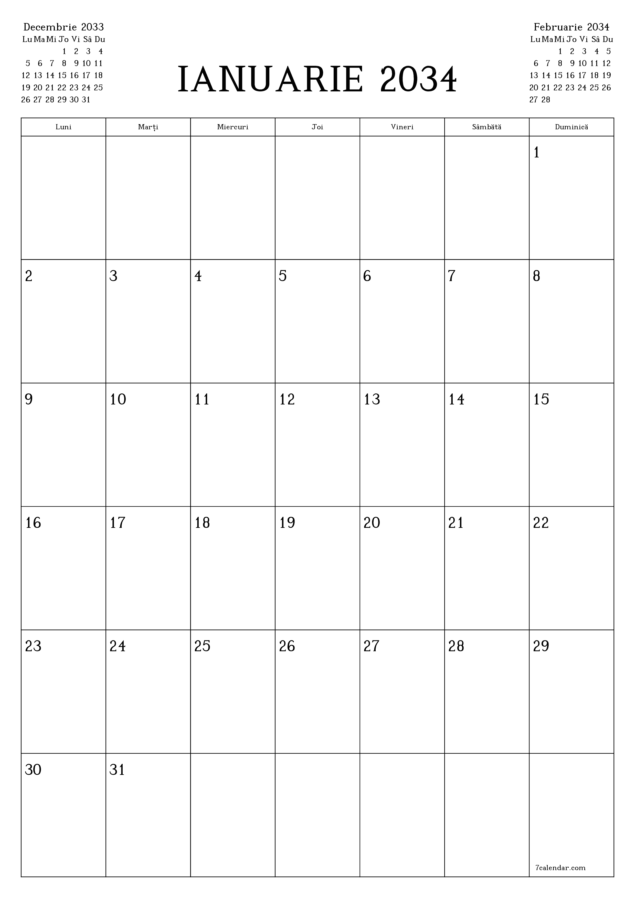  imprimabil de perete șablon de gratuitvertical Lunar planificator calendar Ianuarie (Ian) 2034