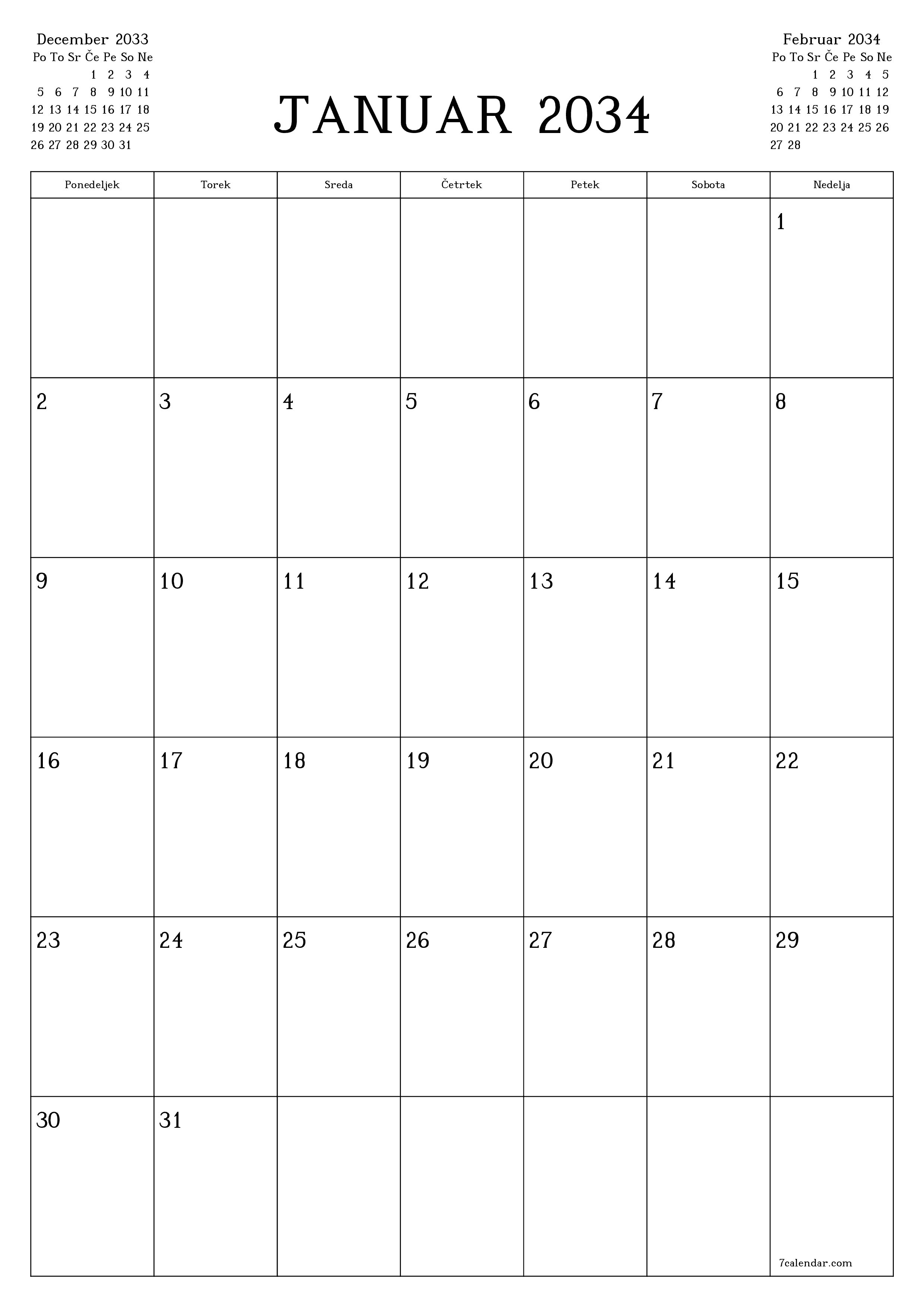 natisljiv stenski ska predloga brezplačni vertical Mesečno jadralno letalo koledar Januar (Jan) 2034