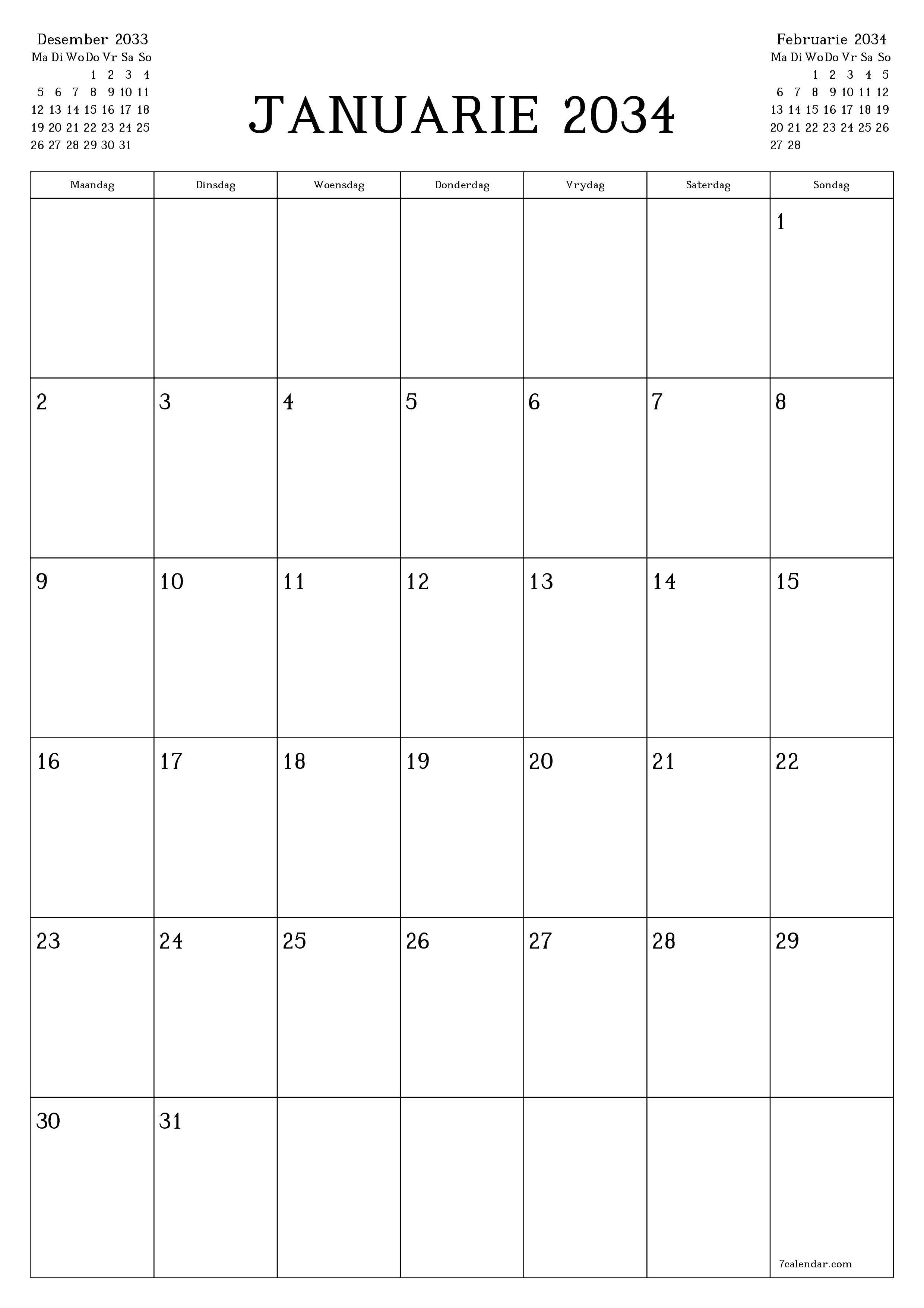 drukbare muur template gratis vertikaal Maandeliks beplanner kalender Januarie (Jan) 2034